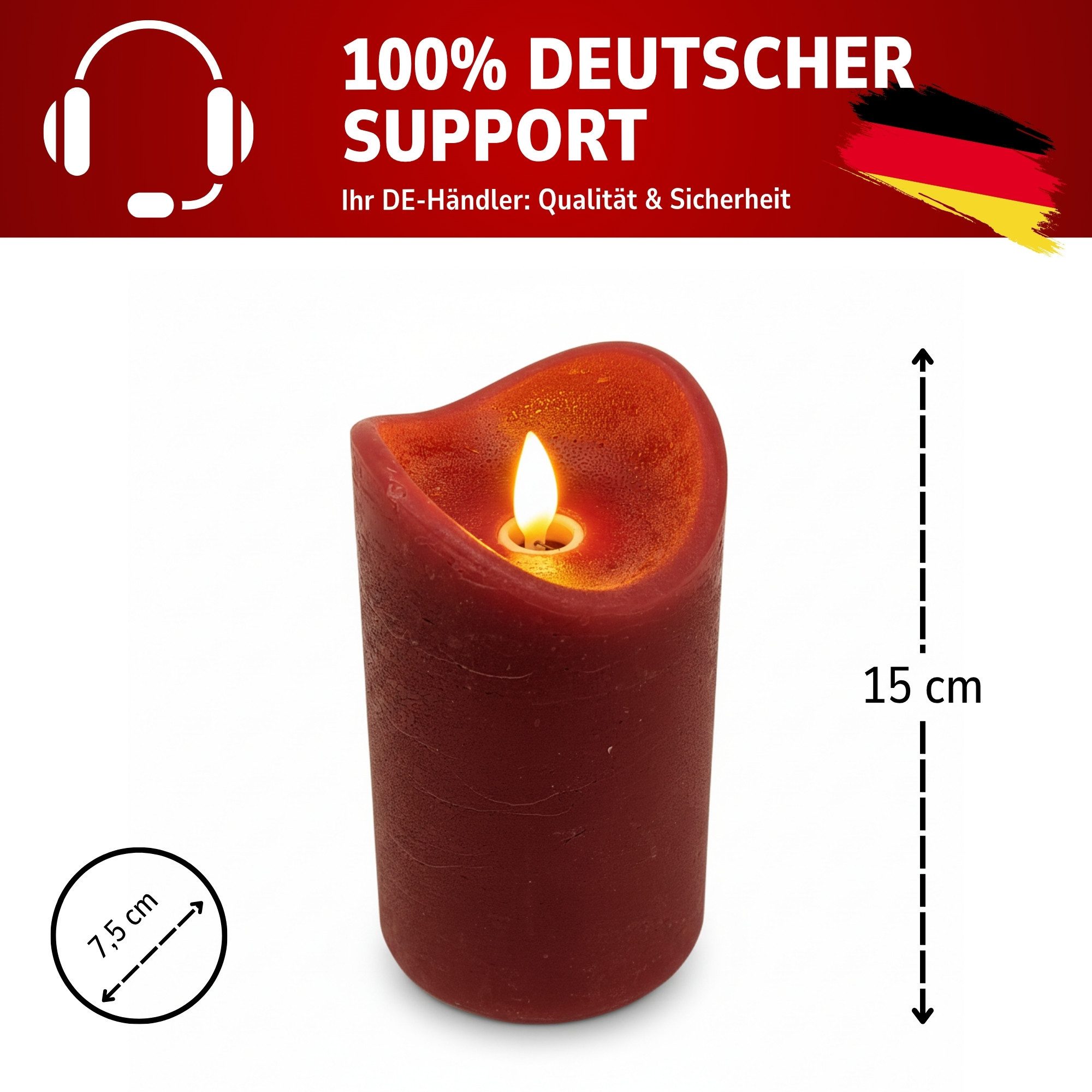 ToCi LED-Kerze 4x LED Echtwachs Kerzen Timer beweglicher Docht Dunkelrot Ø7.5x15cm, LED-Teelicht