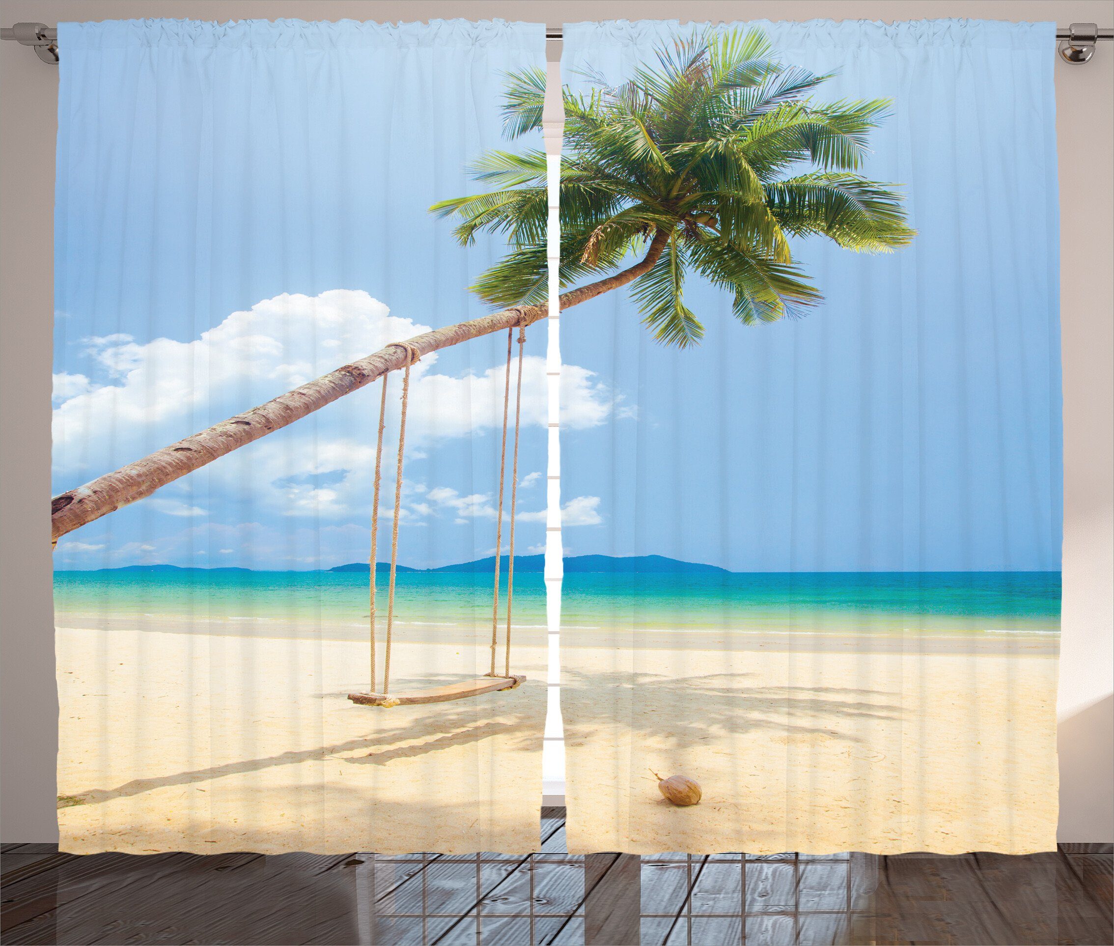 Haken, Schlafzimmer Tropisch Vorhang Gardine Abakuhaus, Kokosnuss-Palmen-Insel und mit Schlaufen Kräuselband
