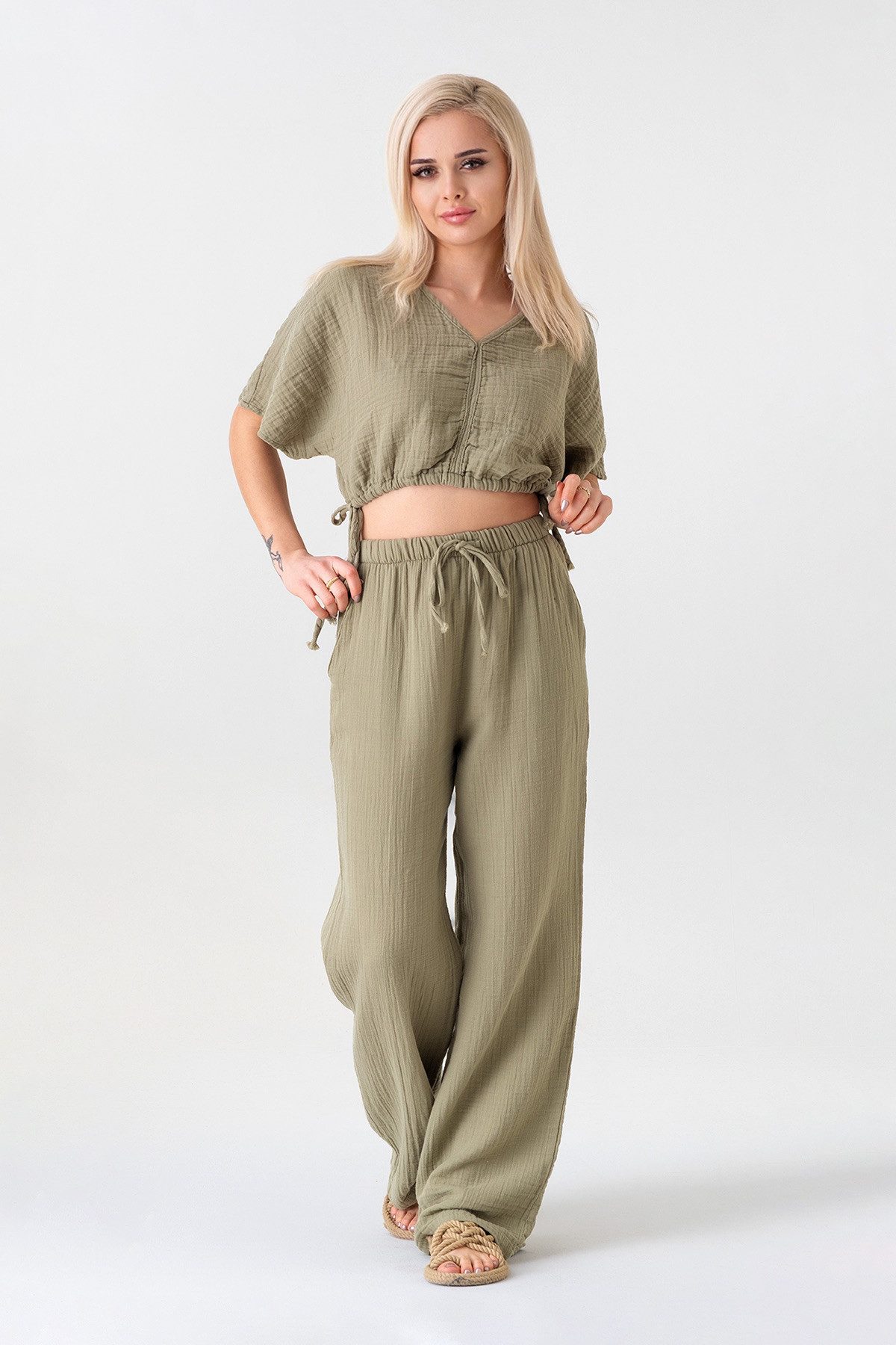 WENOR Palazzohose Damen Musselin-Hose - Sommerhose 100 % Baumwolle, elastischer Bund Weiter Beinverlauf, Musselinstruktur, luftiger Schnitt