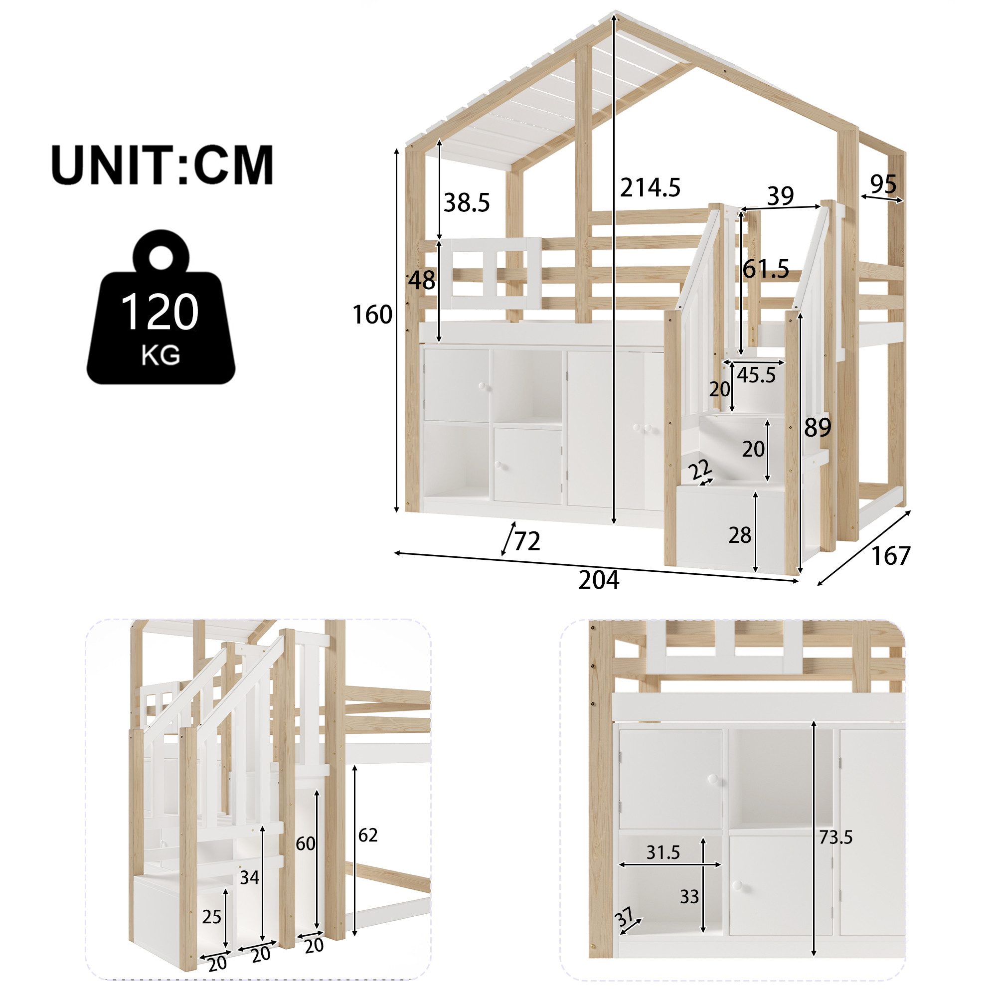 Flieks Hochbett Kinderbett 90x200cm Hausform mit Stauraumtreppe und Stauraumfächer – Bild 5 von 5