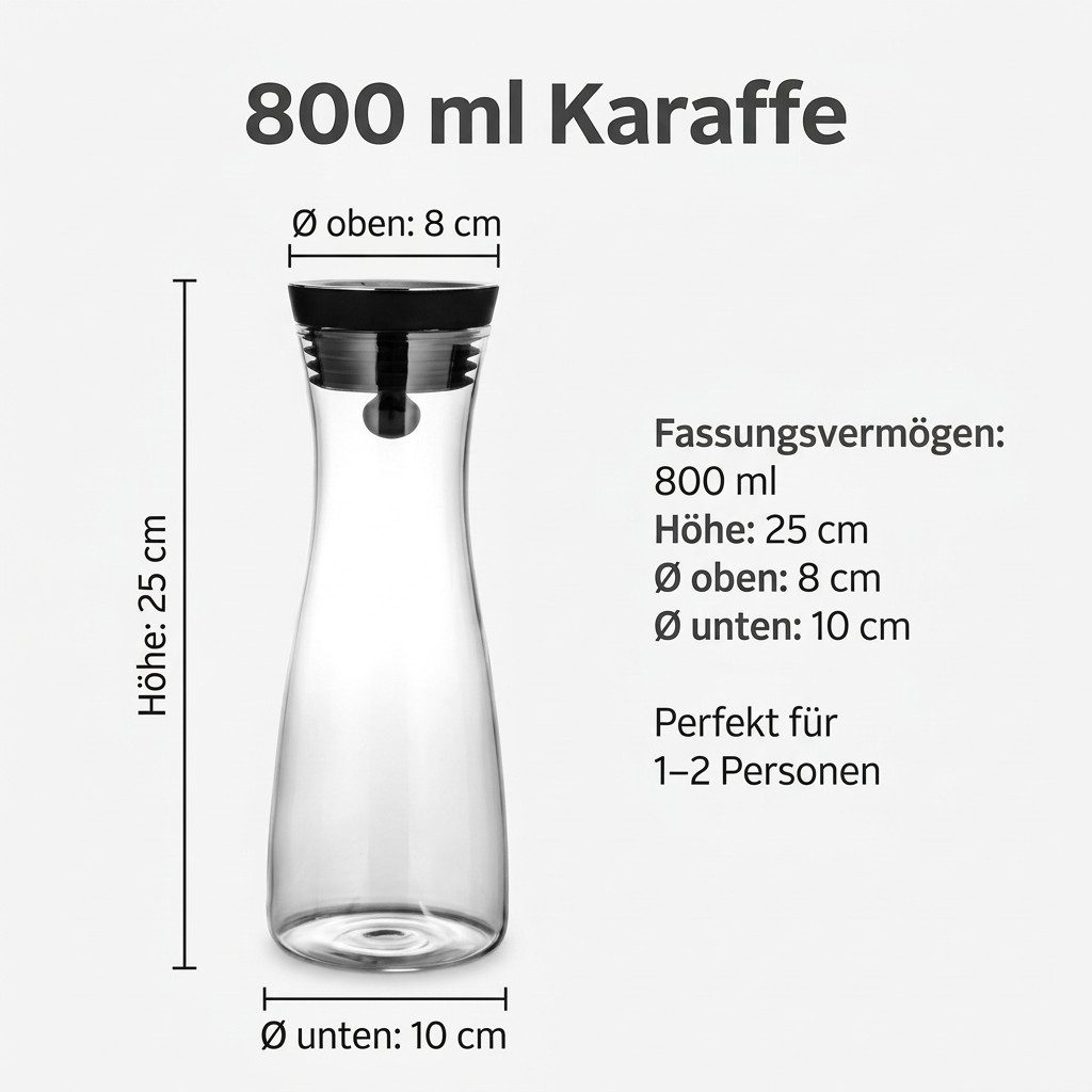 JASLIFE Wasserkaraffe Borosilikat Glas Karaffe mit Edelstahl-Ausgießer 800–1500 ml, 360° Ausgießen, tropffrei, leicht zu reinigen, modernes Design