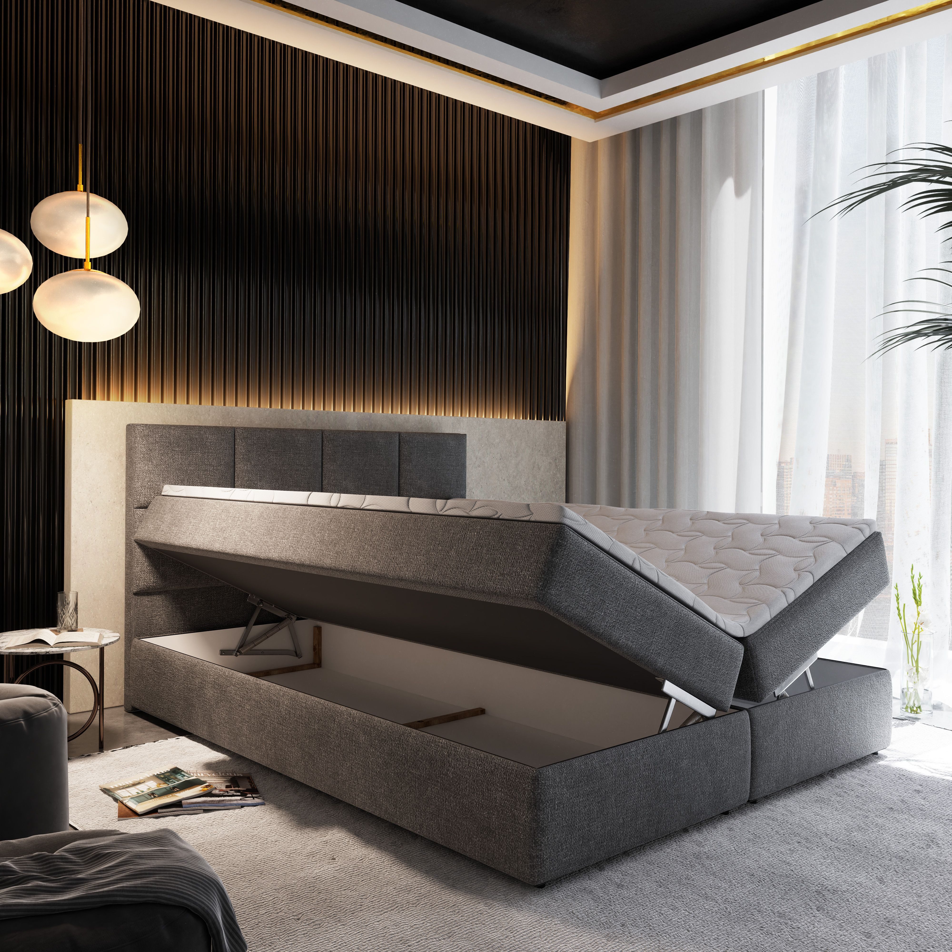 Masseno Boxbett LENA 140x200 cm mit Bonell Matratze und Topper, Doppelbett, Polsterbett mit Kopfteil, Boxspringbett – Bild 3 von 5