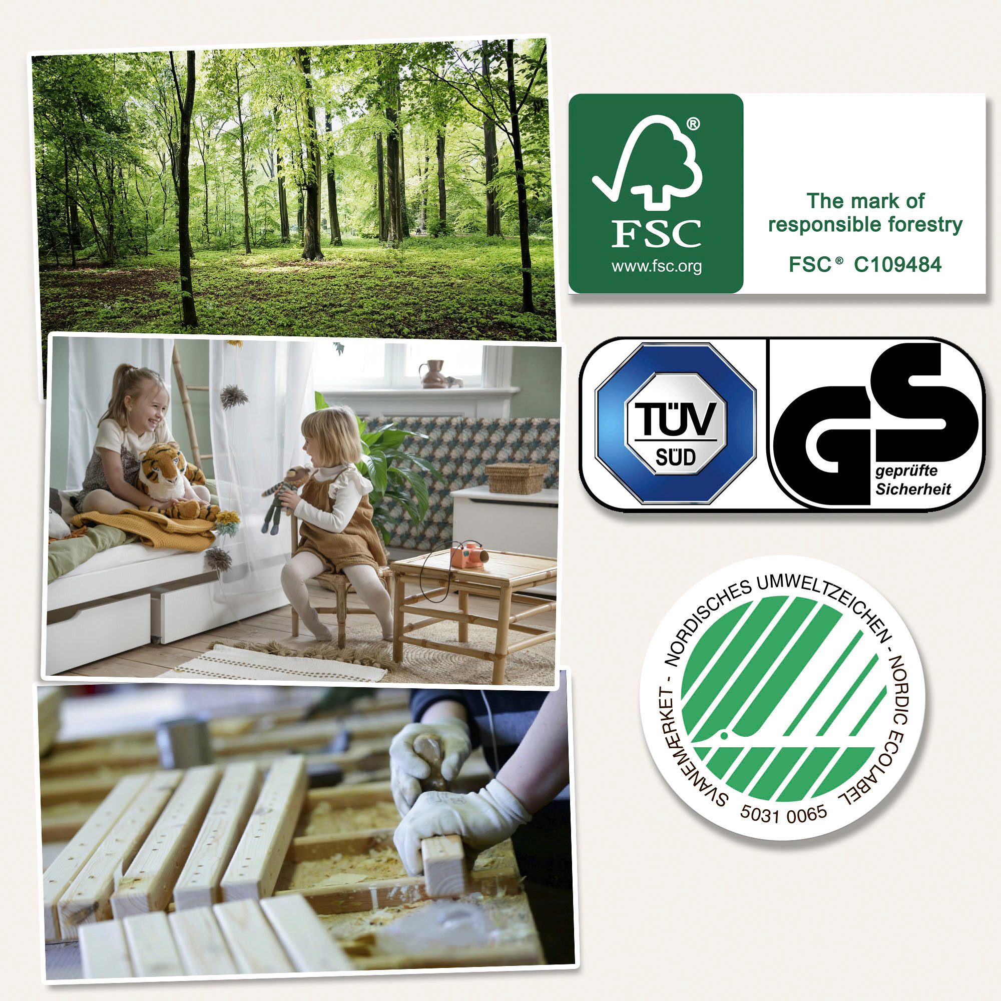 Hoppekids Hochbett Winter Wonderland» 90x200cm mit Vorhang & Matratze (Set) FSC® zert Massivholz, 10 Jahre Garantie auf Fertigungsfehler