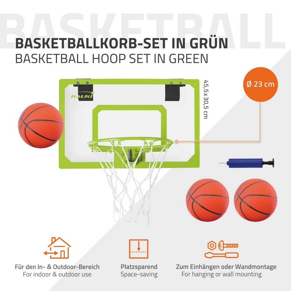 Hauki Basketballkorb Mini Basketballkorb Indoor Basketball Hoop Hängebrett  Basketballbrett (4-St), Set 3 Bälle Ø16cm Netz Pumpe 58x40cm Weiß tragbar