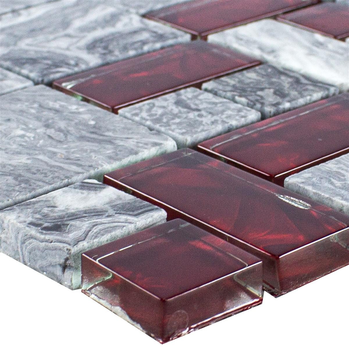 Mosafil Mosaikfliesen Glas Naturstein Mosaik Fliesen Sinop 2 Mix, Naturstein-Glas-Marmor 30.000x30.000, rot-grau, Verlegefertig auf ein Netz geklebt - Wasserfest