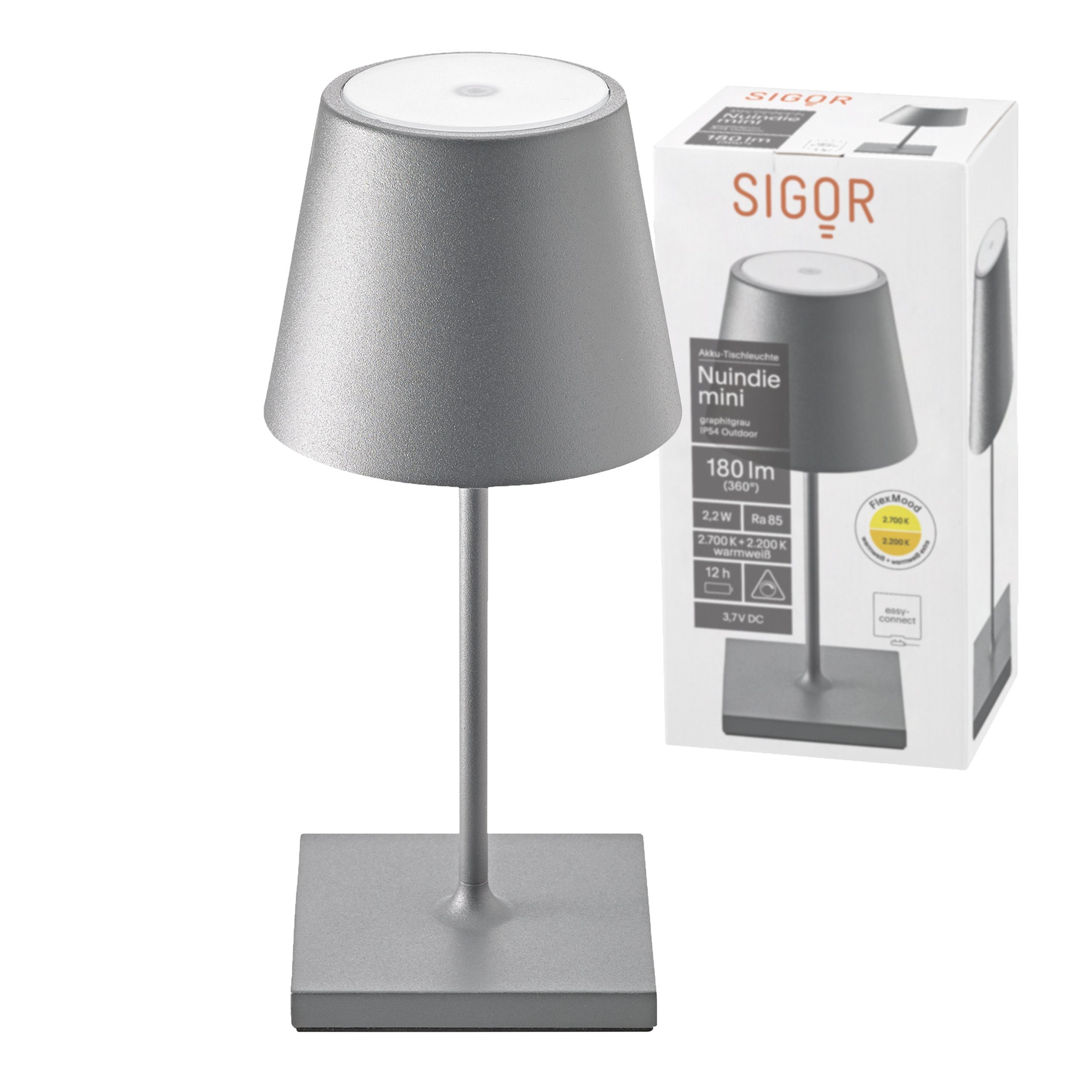 SIGOR LED Tischleuchte Nuindie Mini - Graphitgraue LED Akku-Tischlampe  Indoor & Outdoor, dimmbar und aufladbar mit Easy-Connect, 9h Leuchtdauer,  Dimmbar, 1 LED Platine, 2700