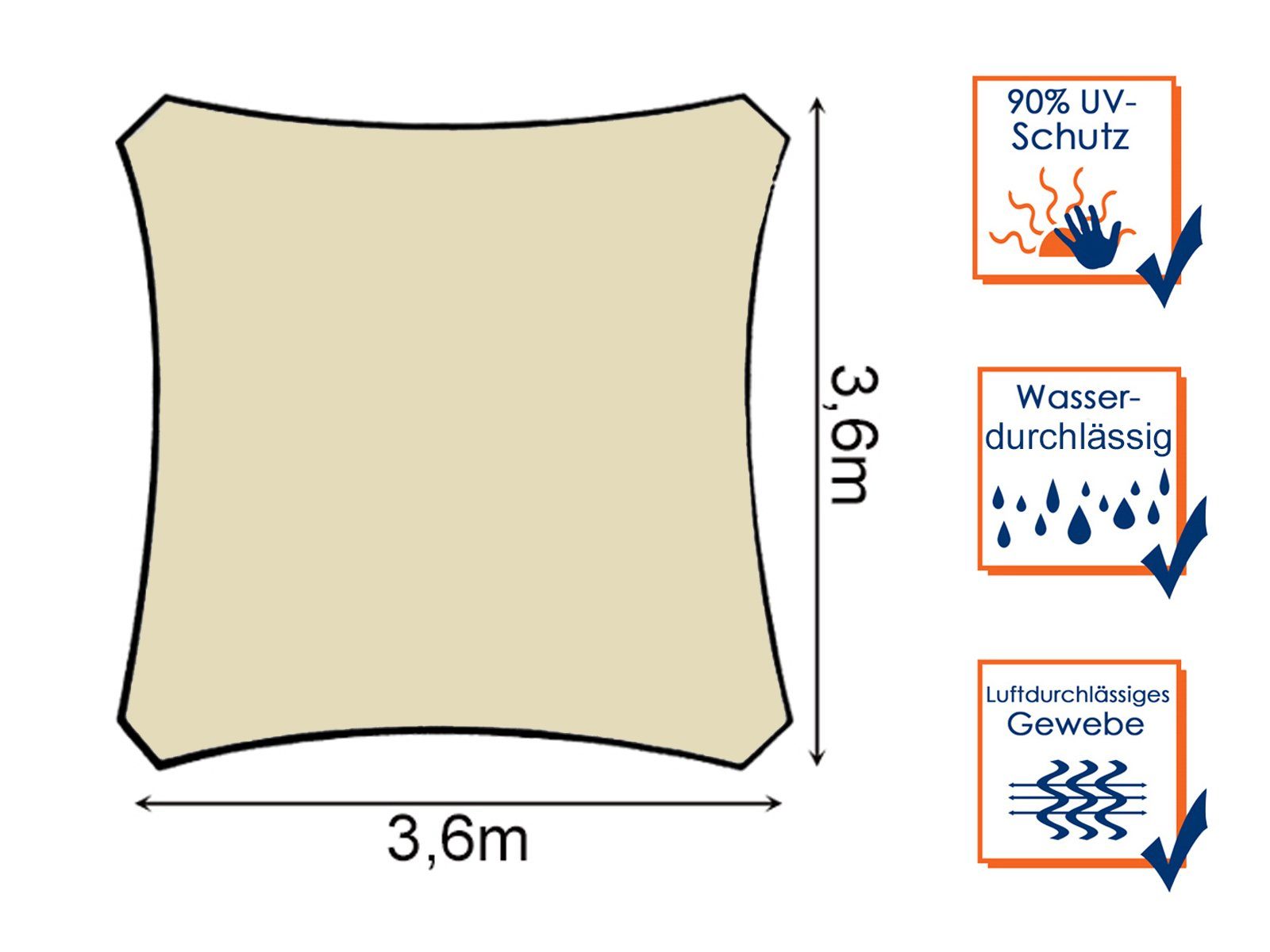 PEREL Sonnensegel, quadratisch 3,6 bis 5x5m wasserdurchlässig Garten Sonnenschutz-Segel