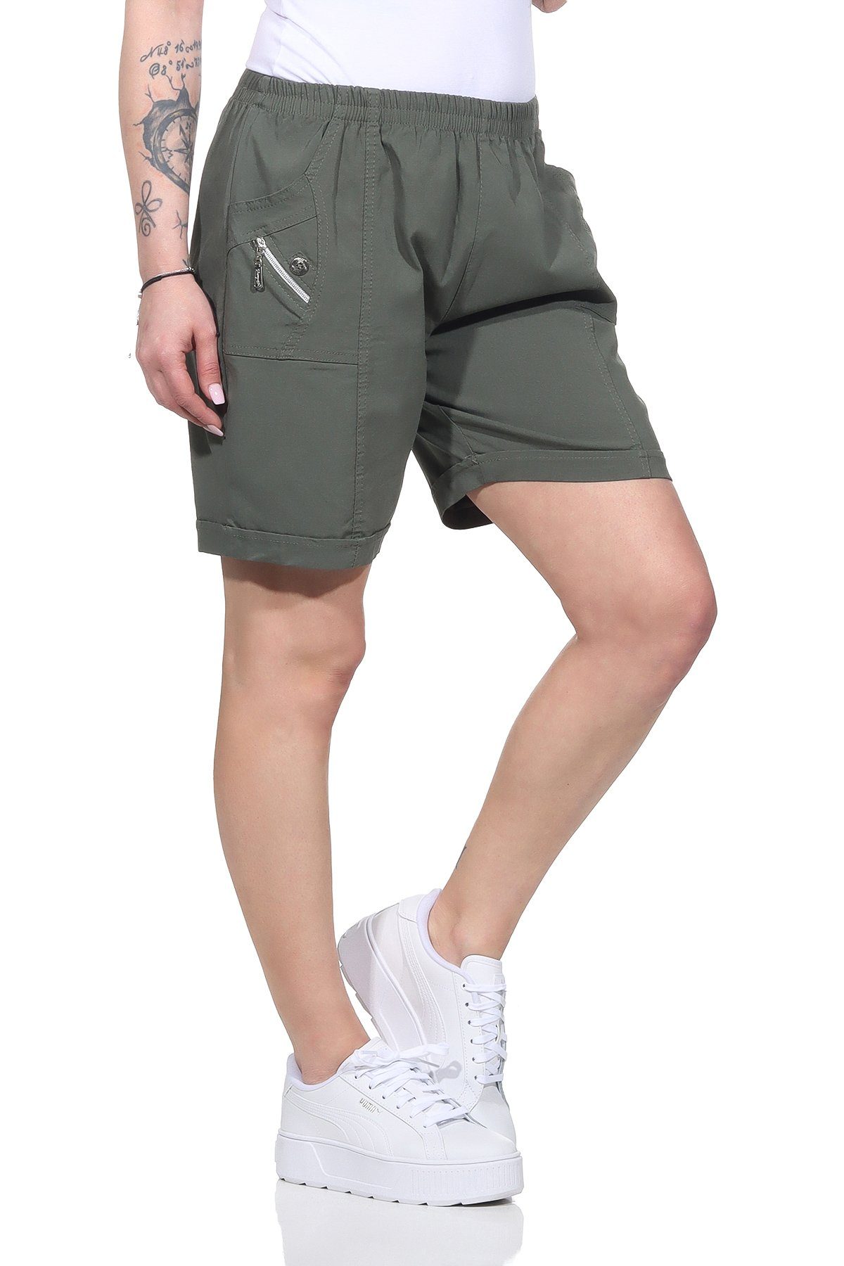 Shorts Aurela auch leichte erhältlich, elastischem großen Damen Sommerhose in Damen Strandshorts Damenmode Kurze Shorts Größen mit Bund Khaki