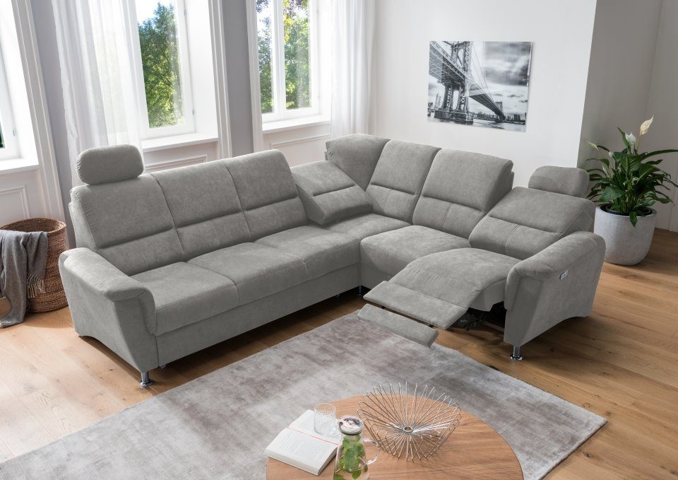 Hellgrau Relaxfunktion Ecksofa Elektronische Mango Myhomelando USB-Anschluss, Federkern, Paris, Schlaffunktion,