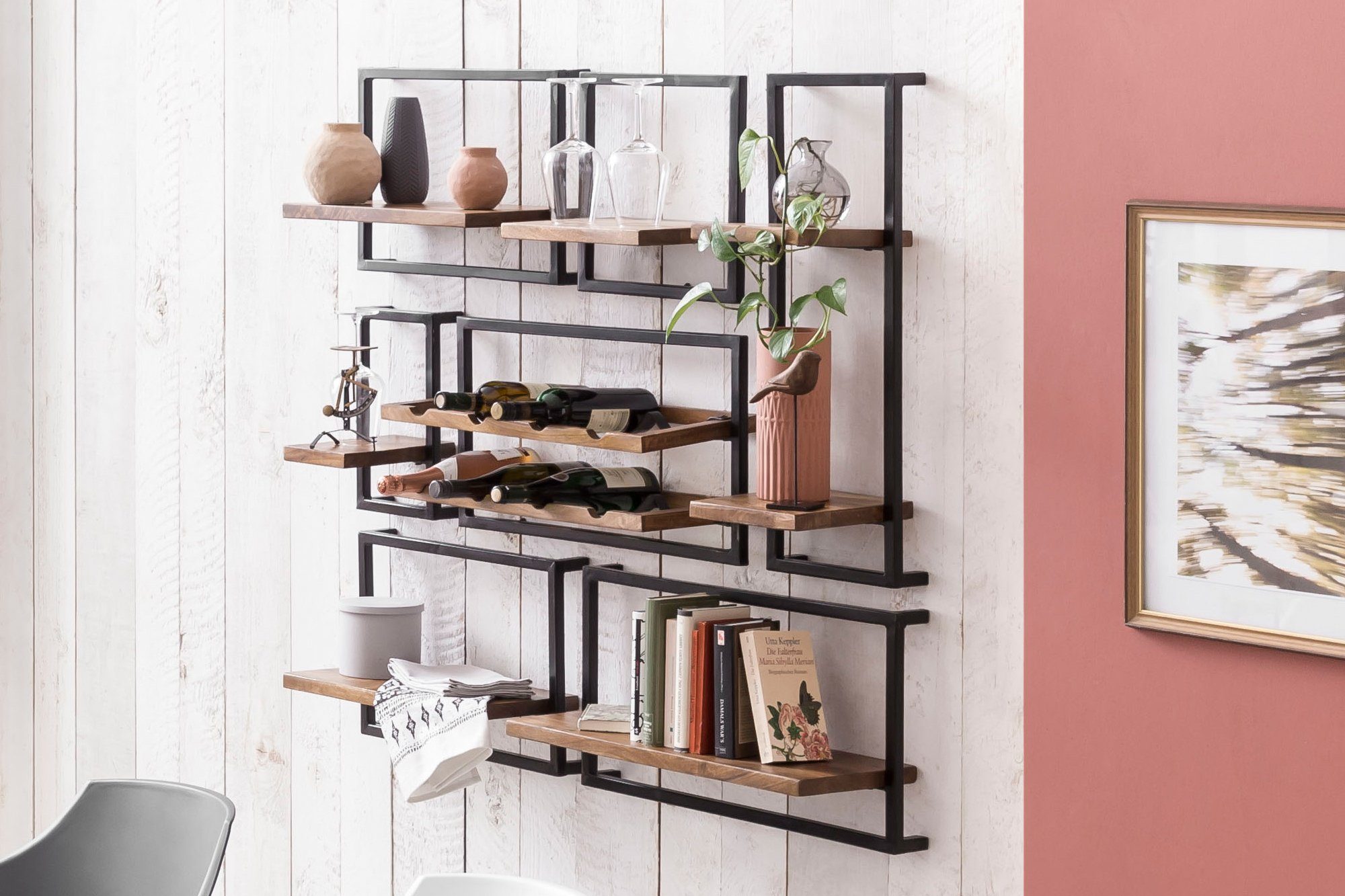 SIT Wandregal Panama, Set 7-tlg., Regalset im Industrial Stil, Mangoholz und Metall