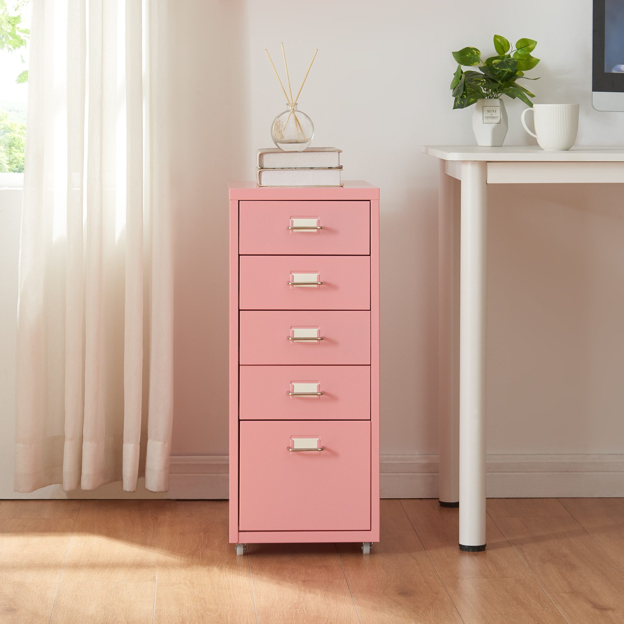 en.casa Rollcontainer, »Kökar« mit 5 Schubladen Bürowagen Rosa