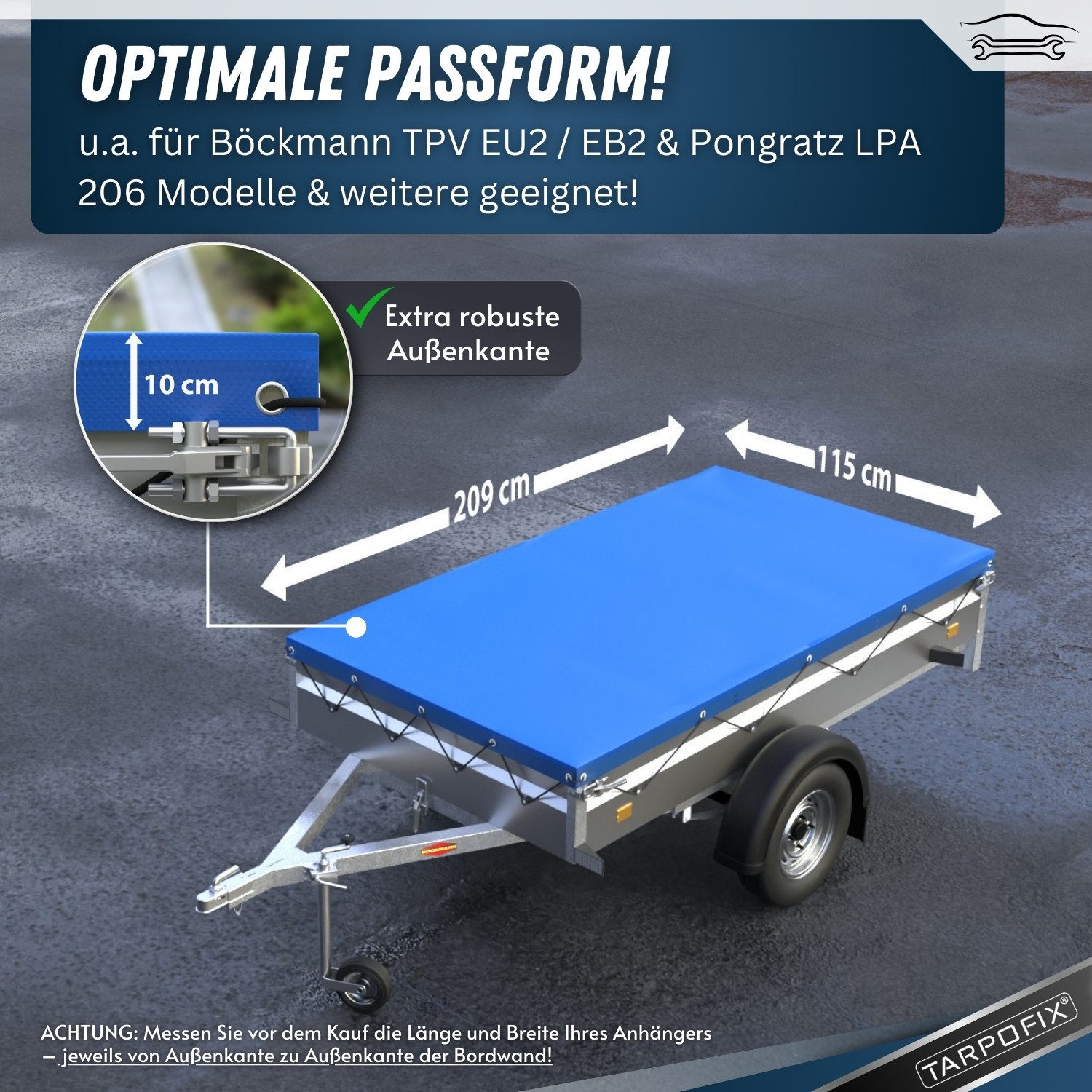 Tarpofix® Schutzplane Tarpofix Anhängerplane 209x115 cm & 209x134 cm PVC Abdeckplane, Flachplane 209x115 cm, Blau, PVC wasserdicht