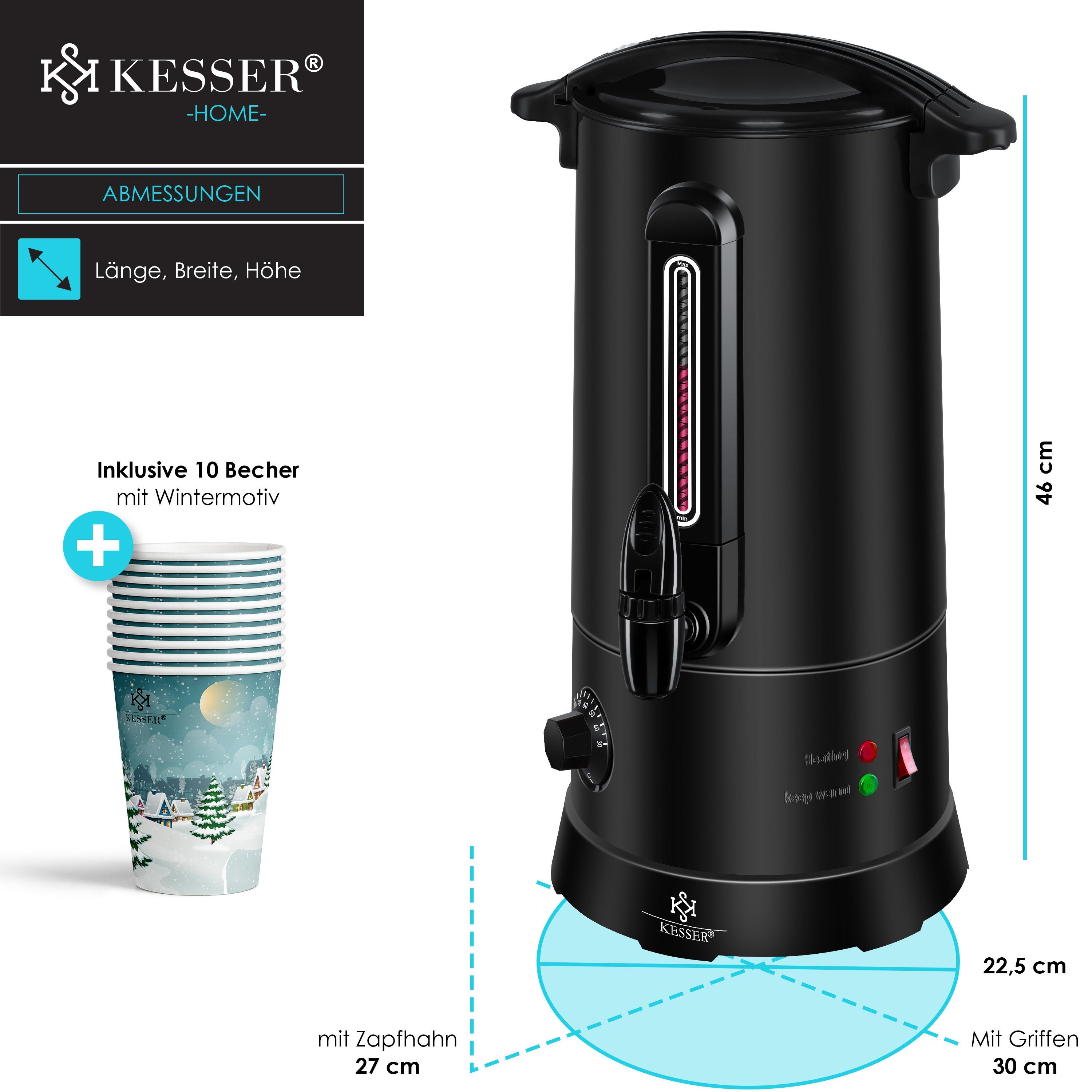 10L Edelstahl KESSER Becher Heißwasserspender, Inkl. Glühweinkessel schwarz 10x Glühweinkocher