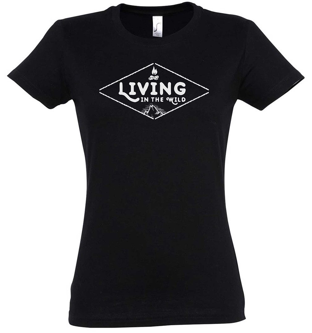 Urban Backwoods Print-Shirt Living In The Wild I Damen T-Shirt Zelten Abenteuer Camping Hiking (1-tlg) Berge Wandern Natur Wildniss