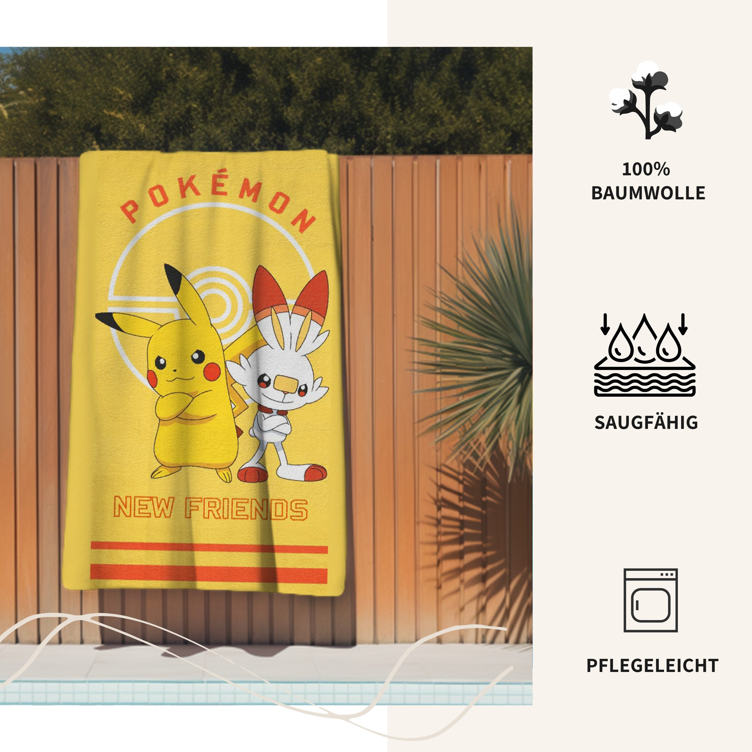MTOnlinehandel Badetuch Pokemon gelb, Geschenkidee für Kinder, 70x140cm, Fanartikel, 100% Baumwolle (1-St), weich und saugfähig, Pikachu und Scorchic