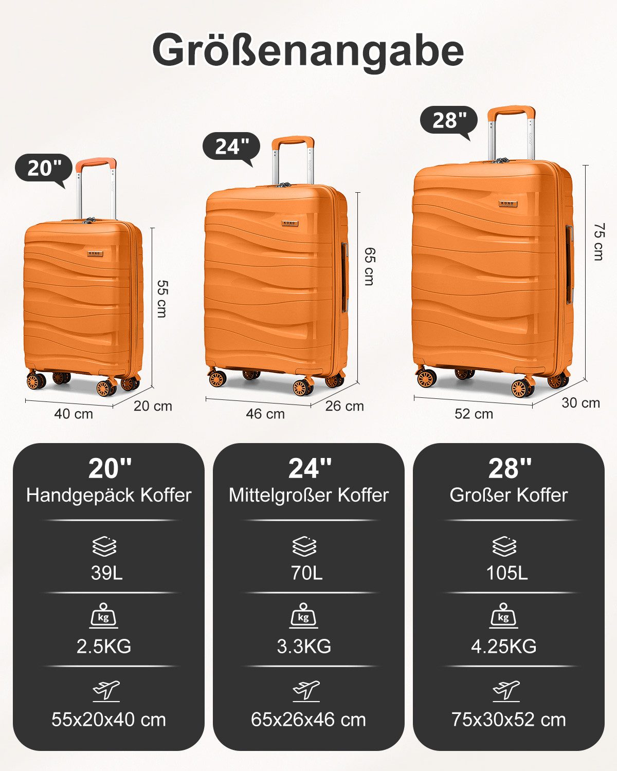 KONO Handgepäck-Trolley Leicht Hartschalenkoffer Reisekoffer mit 4 Rollen und TSA Schloss – Bild 2 von 5