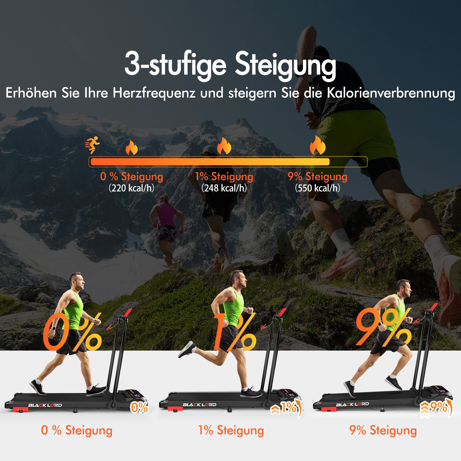 BLACK LORD Laufband 3,0PS Motor, 12 km/h, mit Steigung, Bluetooth App Steuerung, 390mm, 3 Stufen Neigung, LED Display, Fernbedienung, Untertisch