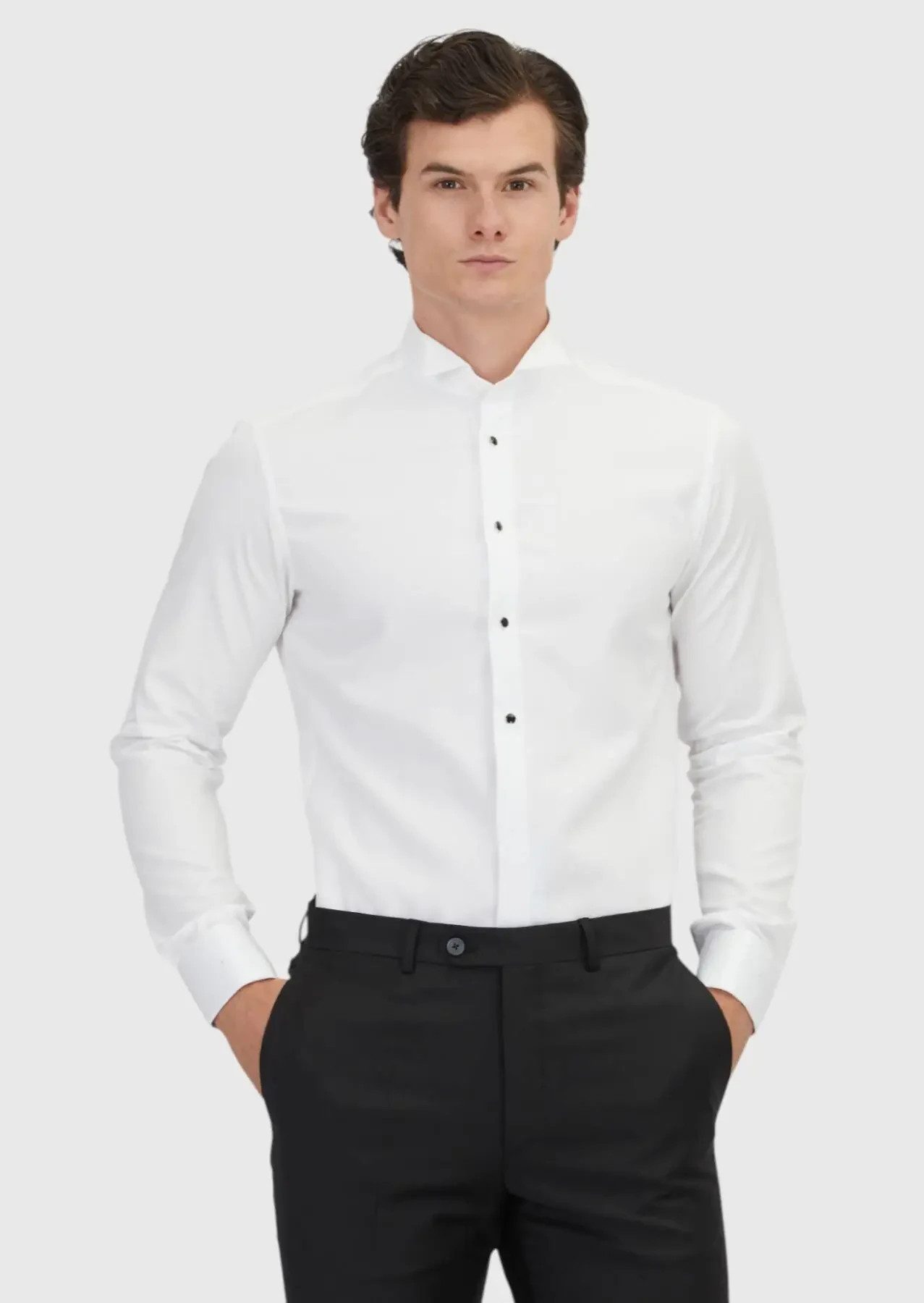 RAMSEY Hemdbluse Weiße, einfarbige Slim-Fit-Smokinghemden mit doppelten Manschetten und