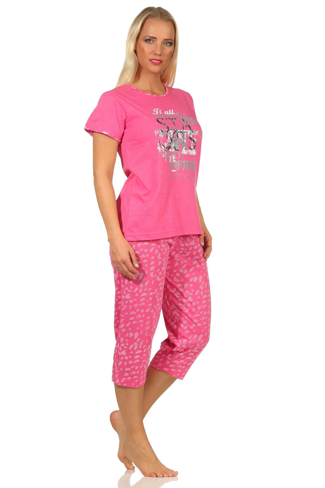 RELAX by Normann Pyjama Damen kurzarm Capri Schlafanzug mit tollem Frontprint und Caprihose pink