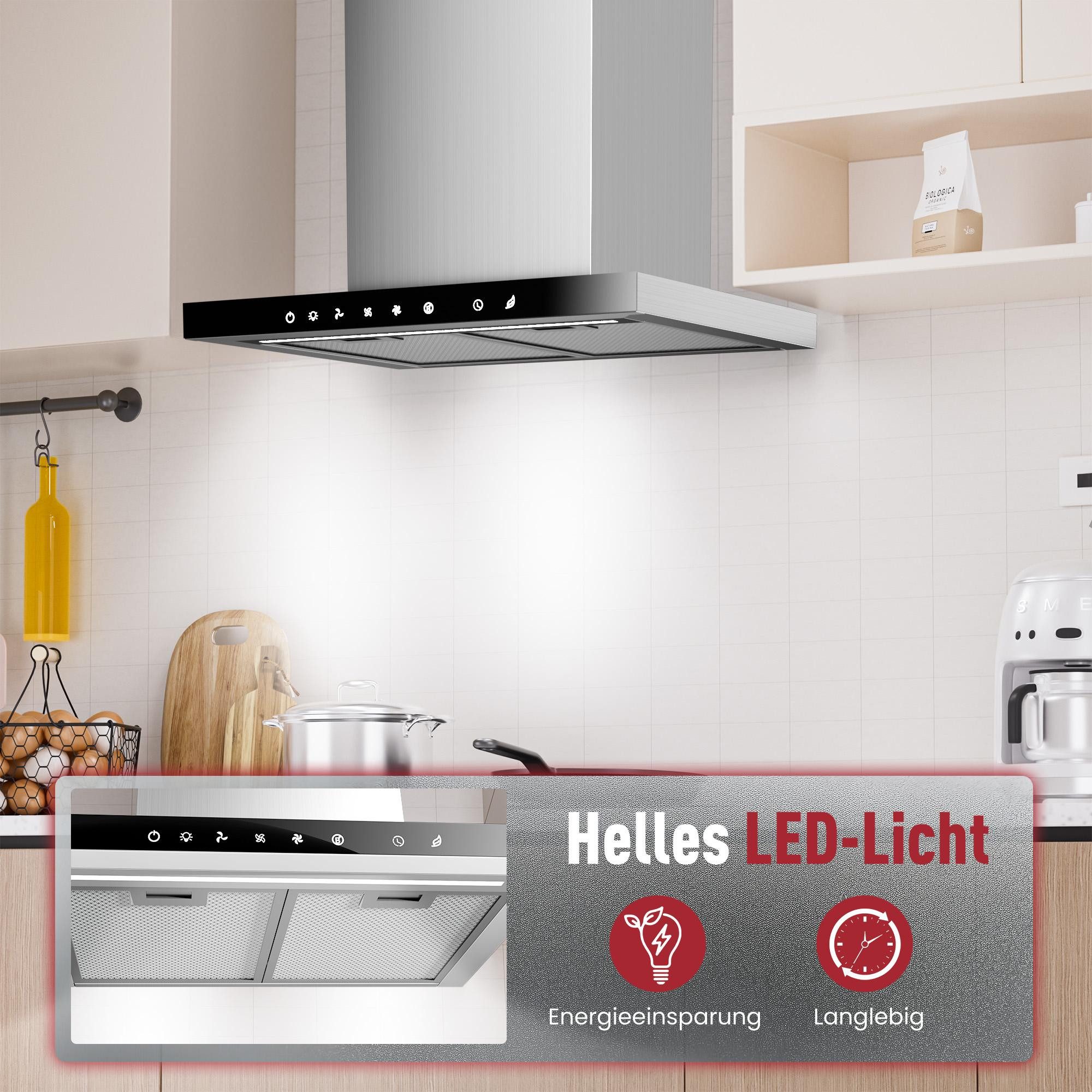 Levivo Wandhaube A+++ Dunstabzugshaube 60cm Umluft & Abluft mit 750 m³/h Aktivkohlefiltern, Fettfiltern, LED-Beleuchtung – Bild 4 von 5