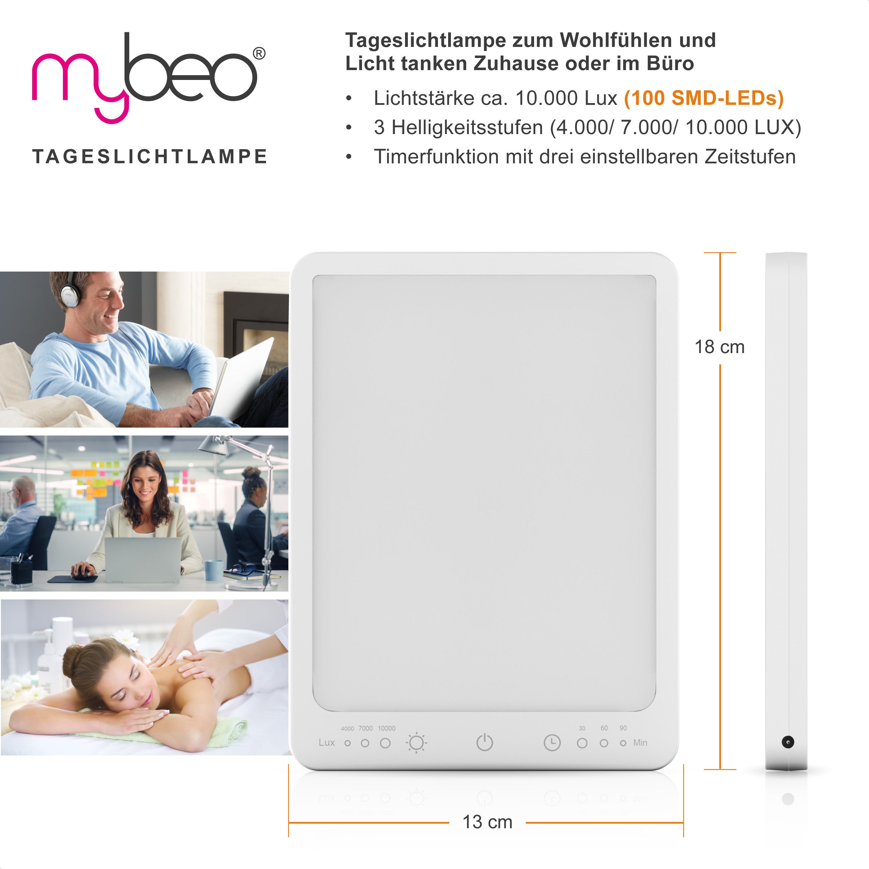 MyBeo Tageslichtlampe LED Lichttherapielampe, Tageslichtleuchte mit Standfuß, Lichtdusche, Dimmfunktion, verschiedene Lichtmodi, LED fest integriert, Kaltweiß, Simuliert Tageslicht, dimmbar, 3 Lichtmodi, UV-frei, flimmerfrei
