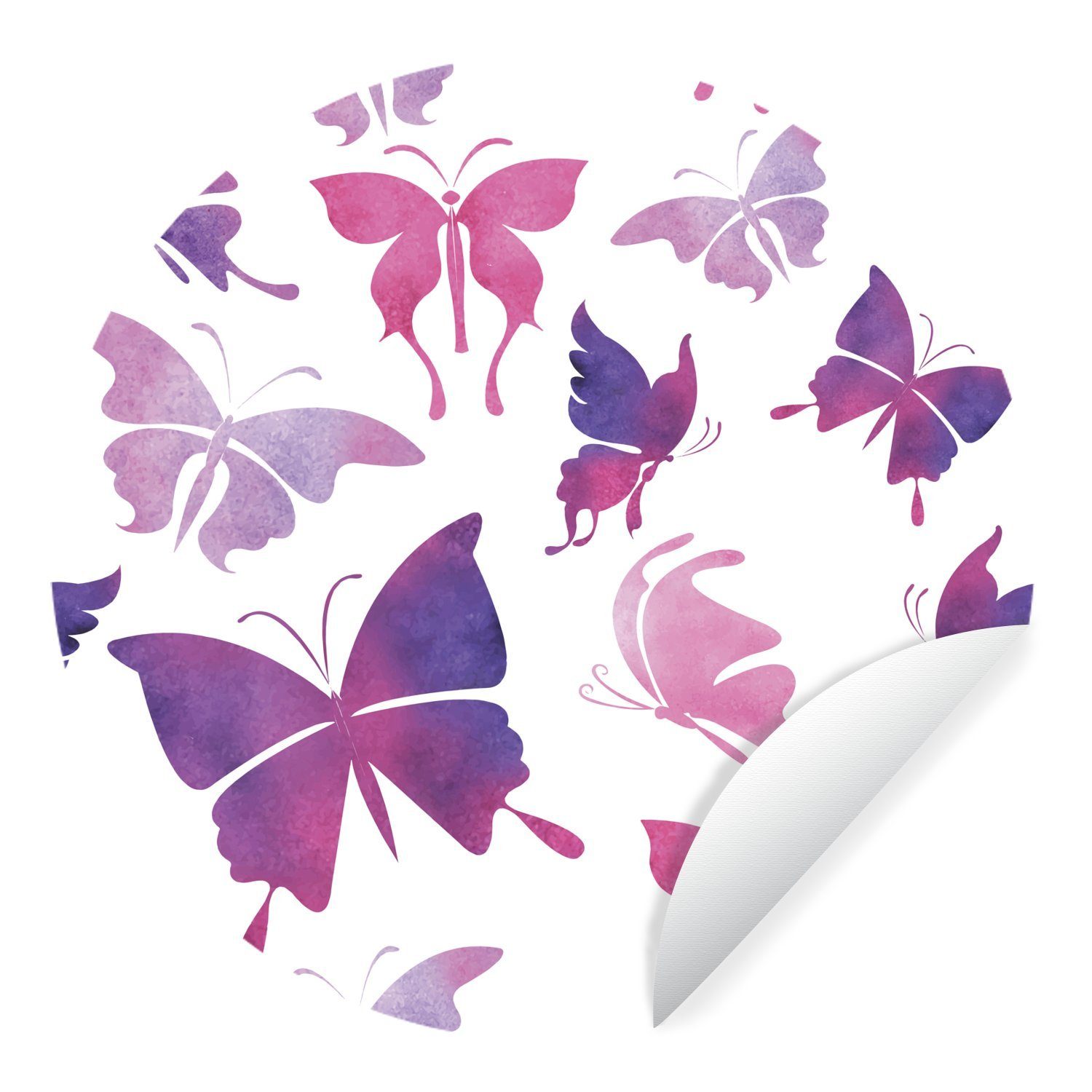 MuchoWow Wandsticker Schmetterling - Farbe - Rosa - Lila (1 St), Tapetenkreis für Kinderzimmer, Tapetenaufkleber, Rund, Wohnzimmer