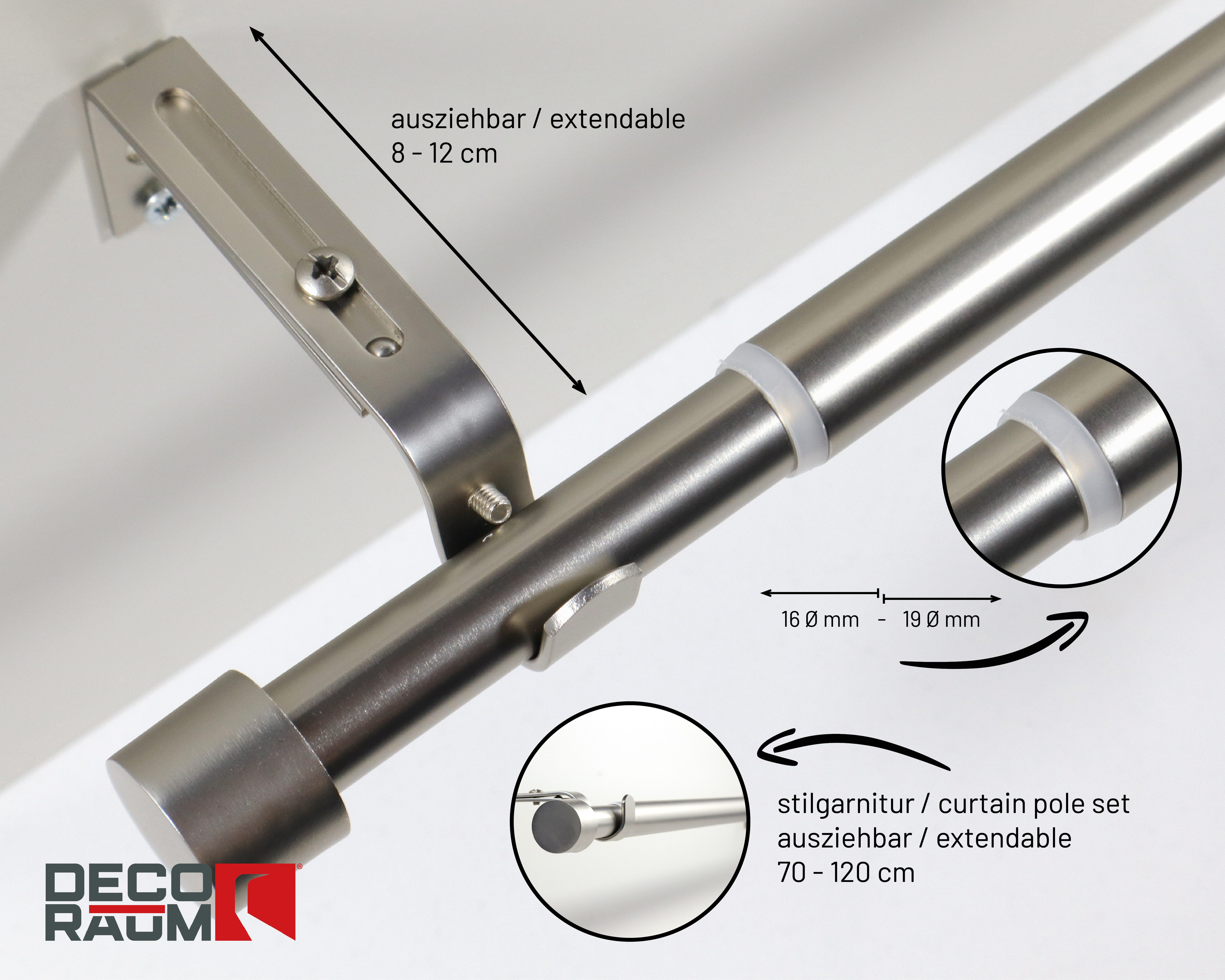 Deco-Raum Gardinenstange Flexa Stilgarnitur Set ausziehbar, Ø 19 mm, 1-läufig, ausziehbar, Wandmontage, verschraubt, Metall, perfekt für Dekoschals Gardinen