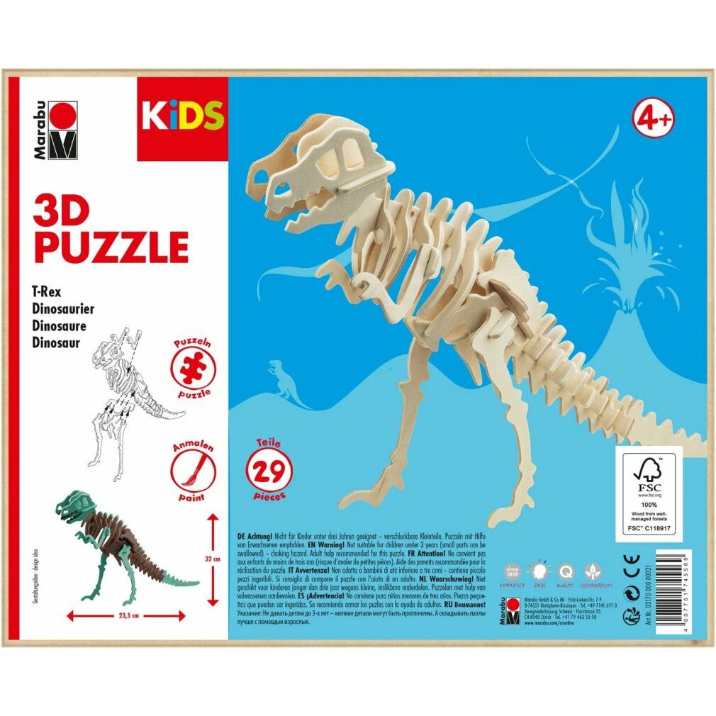 Marabu Puzzle Puzzle Holz 3D KiDS Dinosaurier 29Teile zum Ausmalen, Puzzleteile