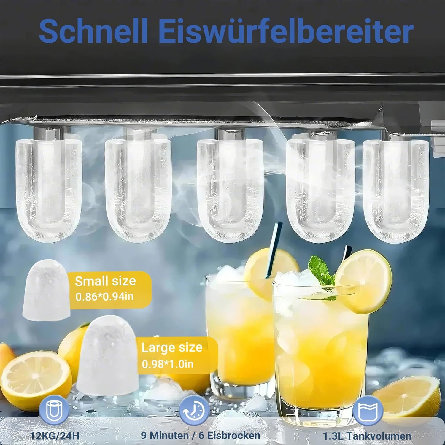 ZMH Eiswürfelmaschine Eiswürfelmaschine 14kg/24h, 9 Eiswürfel in 6 Min, 1,3L, 1,3 Liter Eiswürfelbereiter 6 Eiswürfel in 9 Minuten 125W