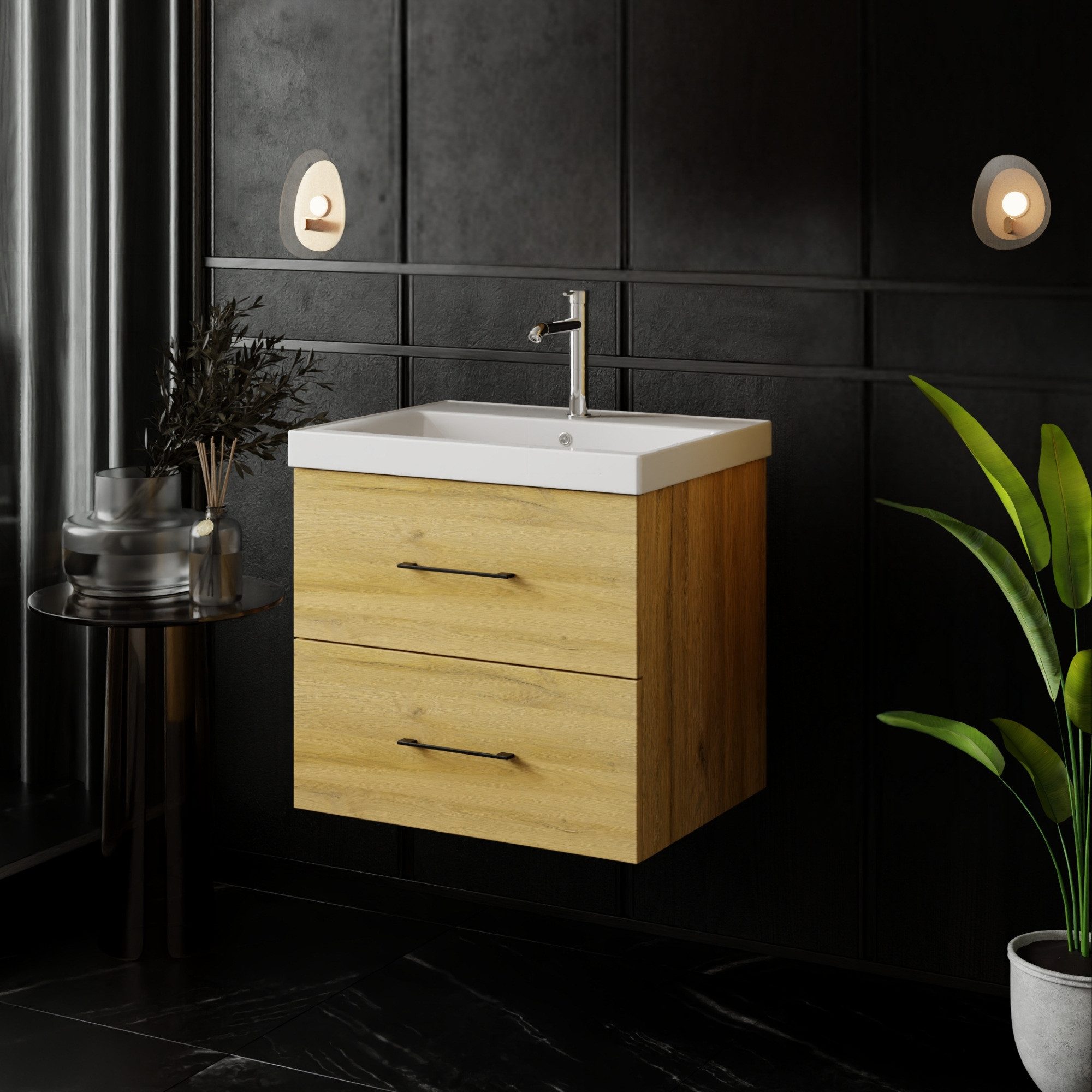 Karen Waschtisch-Set Waschtisch mit Unterschrank Verona, (Komplett-Set, Standartmäßig 2-Teilig (Unterschrank, Waschbecken), 2-St., Der Lieferumfang umfasst Unterschrank und Waschbecken), Holzfurnier, Bügelgriffe, Natürliches Design, Softclose