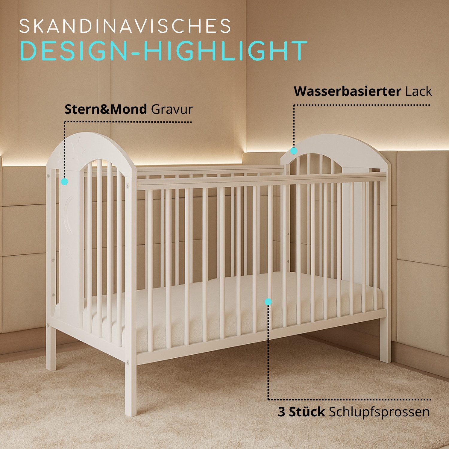 Alavya Home® Babybett Tonja, Gitterbett 60x120 cm, höhenverstellbar & mit entnehmbaren Stäben