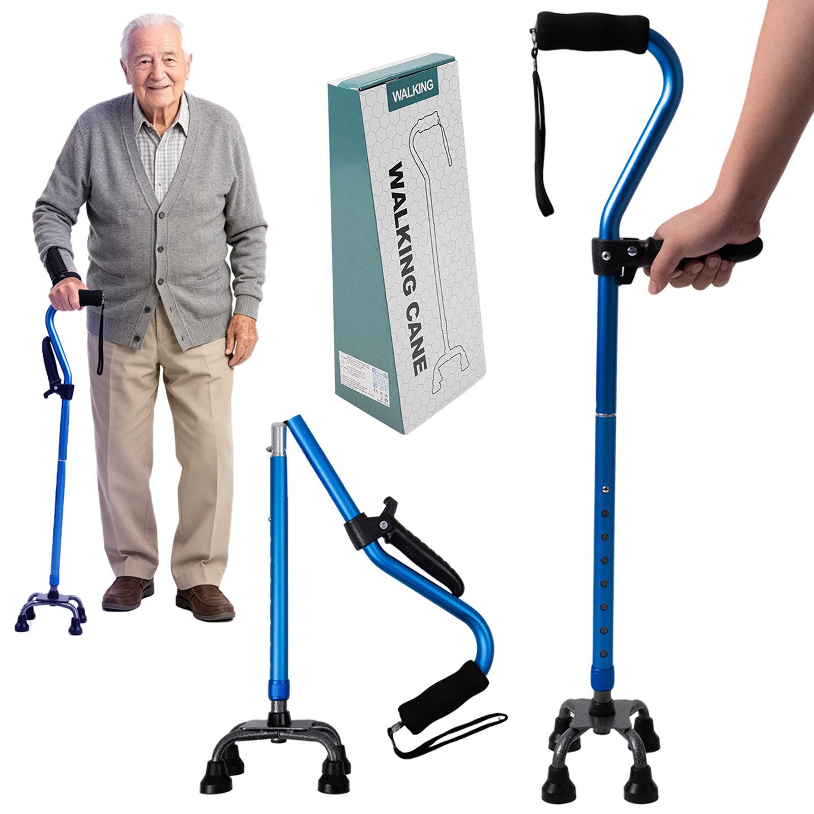 AKKEE Gehstock Geh- und Aufstehhilfe für Senioren & Erwachsene, mit 4 Beinen, Aluminiumlegierung 78-95cm 8-stufige Höhenverstellung