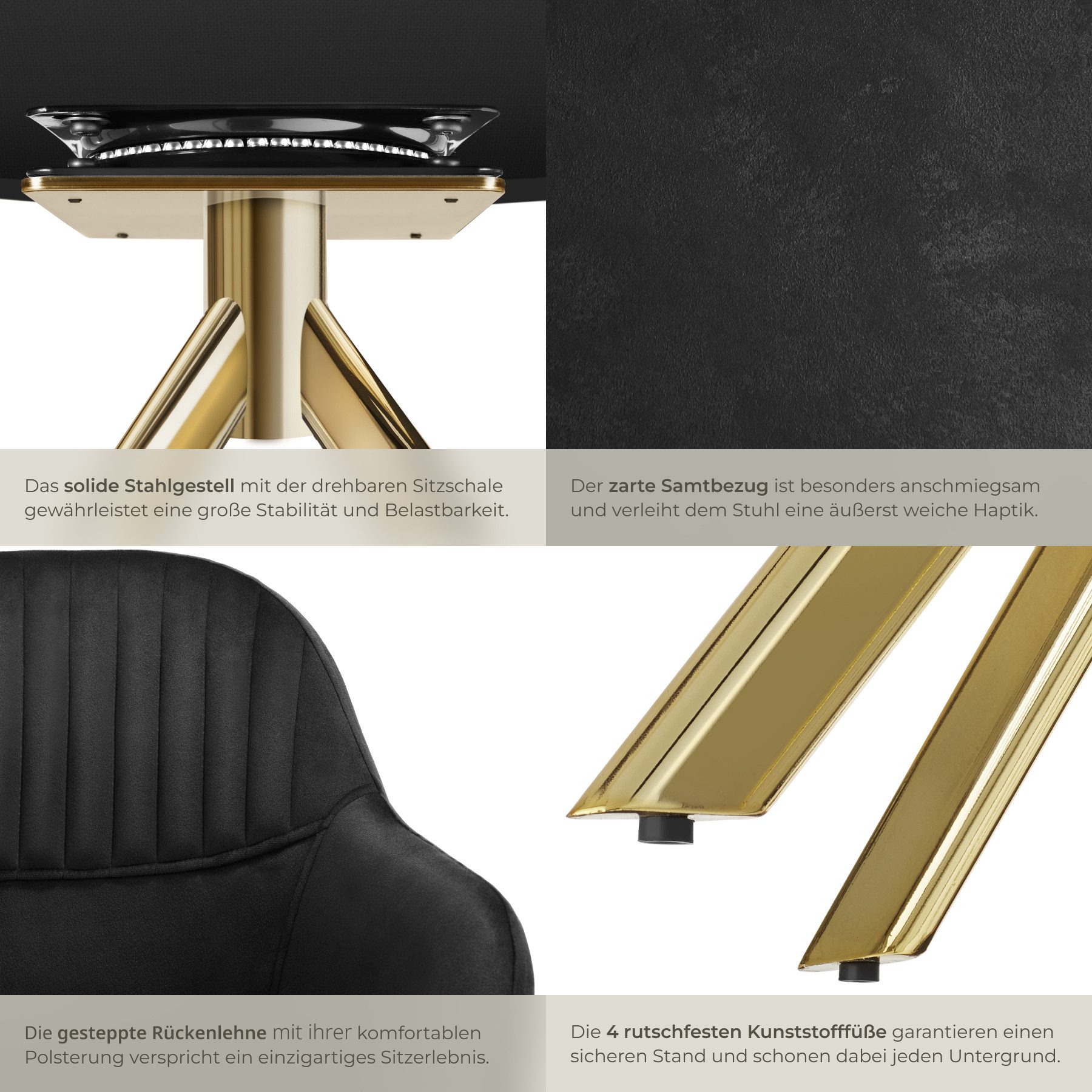 tectake Esszimmerstuhl Samt-Drehstuhl gepolstert, mit durchgehender Lehne, 56 x 59 x 81 cm (Bürostuhl Lona in schwarz/gold, 6 St), 360° drehbar, schlanke Stahlb – Bild 5 von 5