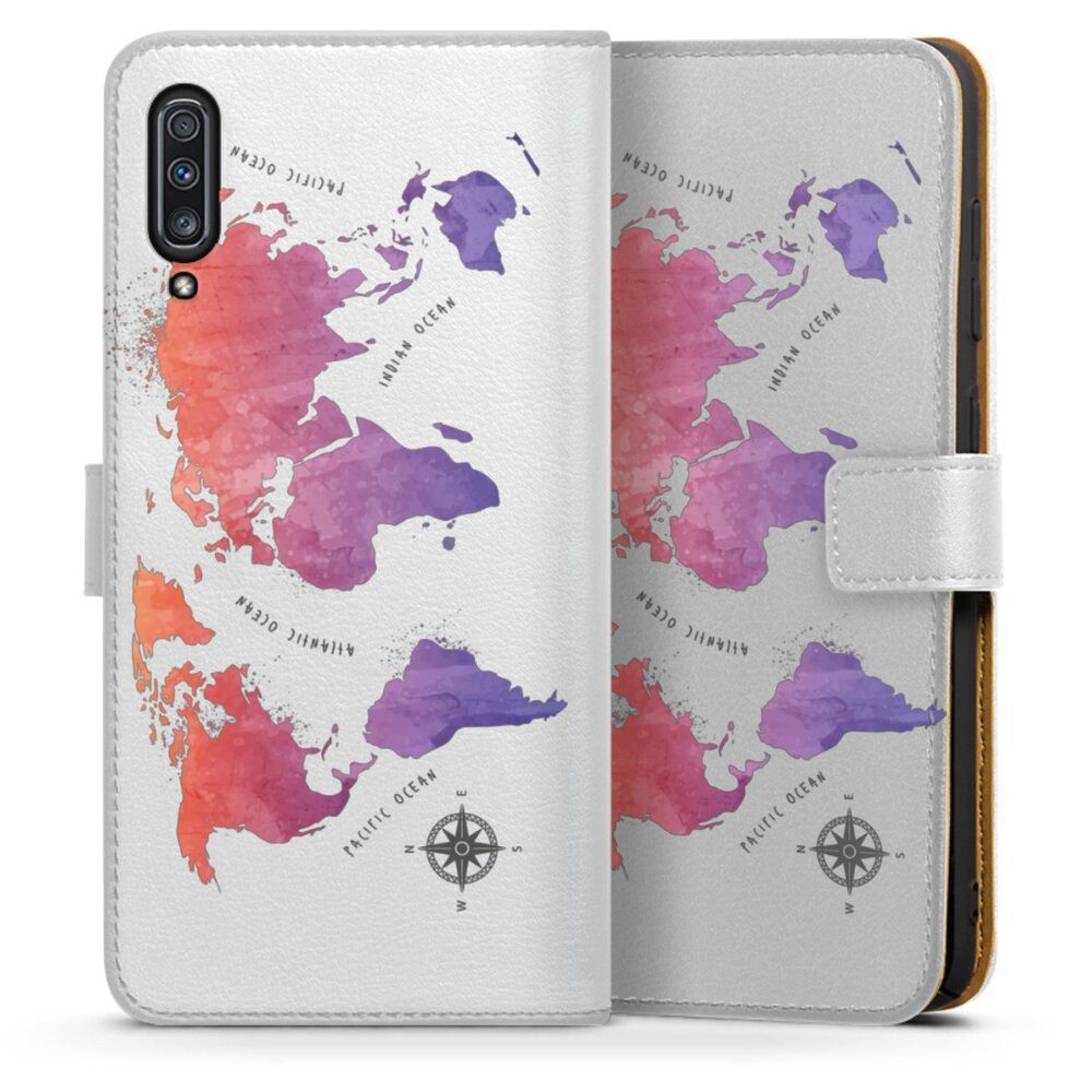 DeinDesign Handyhülle Weltkarte Landkarte Motiv ohne Hintergrund, Samsung Galaxy A70 Hülle Handy Flip Case Wallet Cover