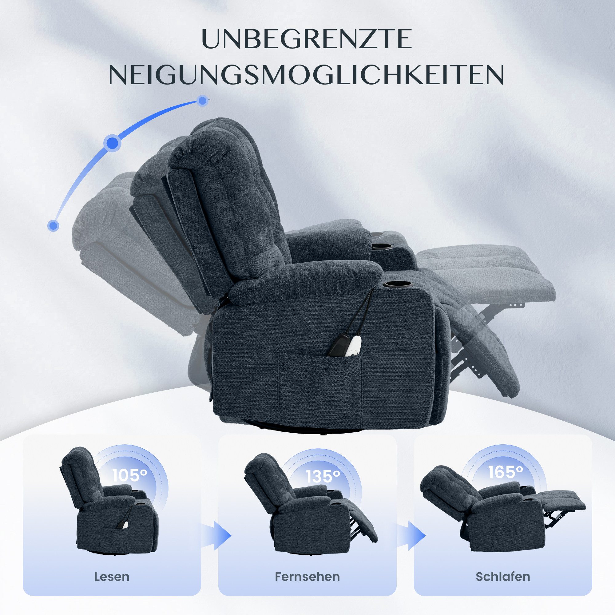 FLEXISPOT Relaxsessel Elektrischer Schaukelsessel, Massagesessel, Fernsehsessel,360°drehbar (mit Heiz- und Liegefunktion, 8-Punkt-Massage, USB-/Type-C-Ansclhluss, 2 Seitentaschen, 2 integrierte Getränkehalter, 105°-165° verstellbar), belastbar bis 200 kg, XR7 CURVE