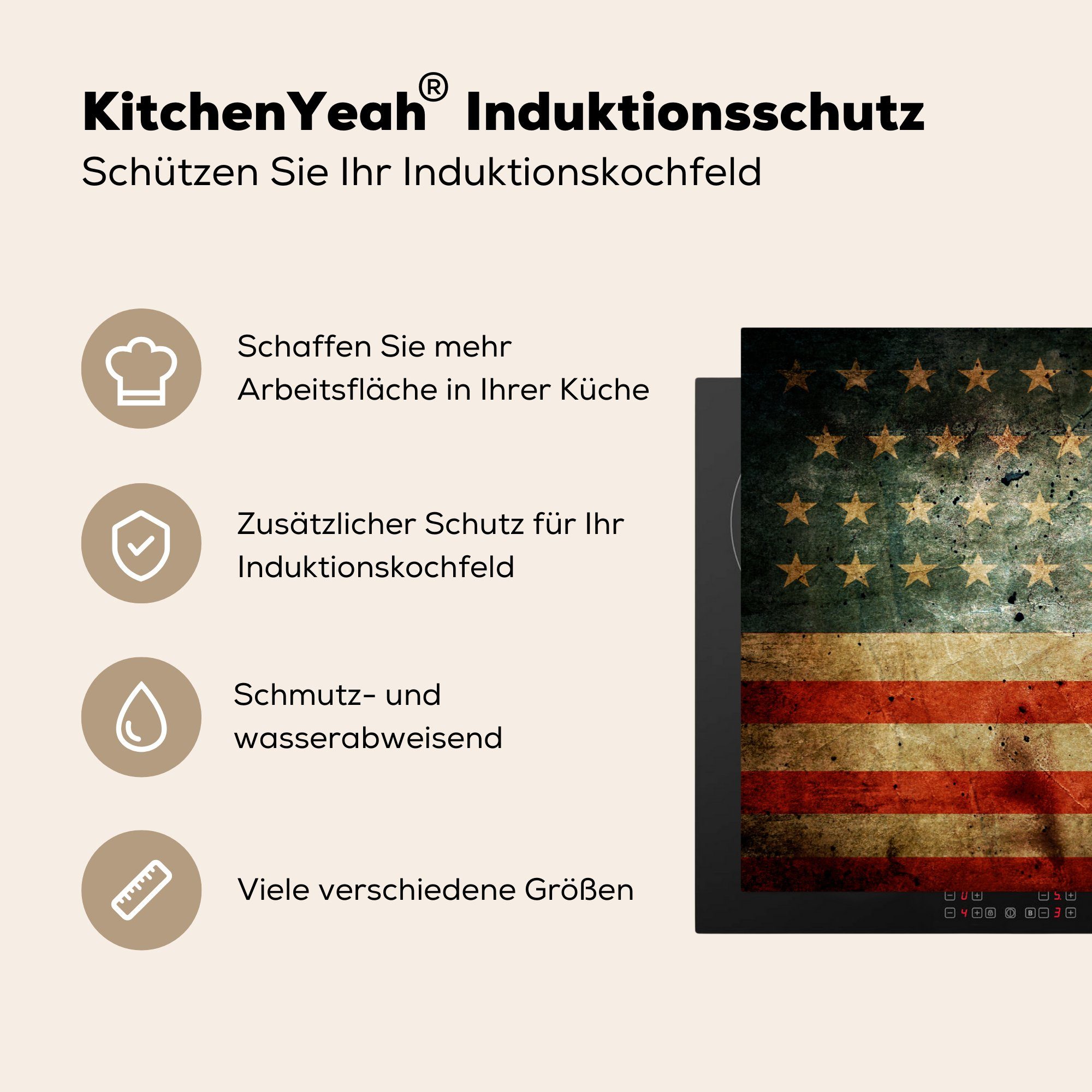 (1 - Vinyl, MuchoWow Ceranfeldabdeckung Schutz Induktionskochfeld cm, Flagge USA, Herdblende-/Abdeckplatte küche, tlg), für Vintage 81x52 - die