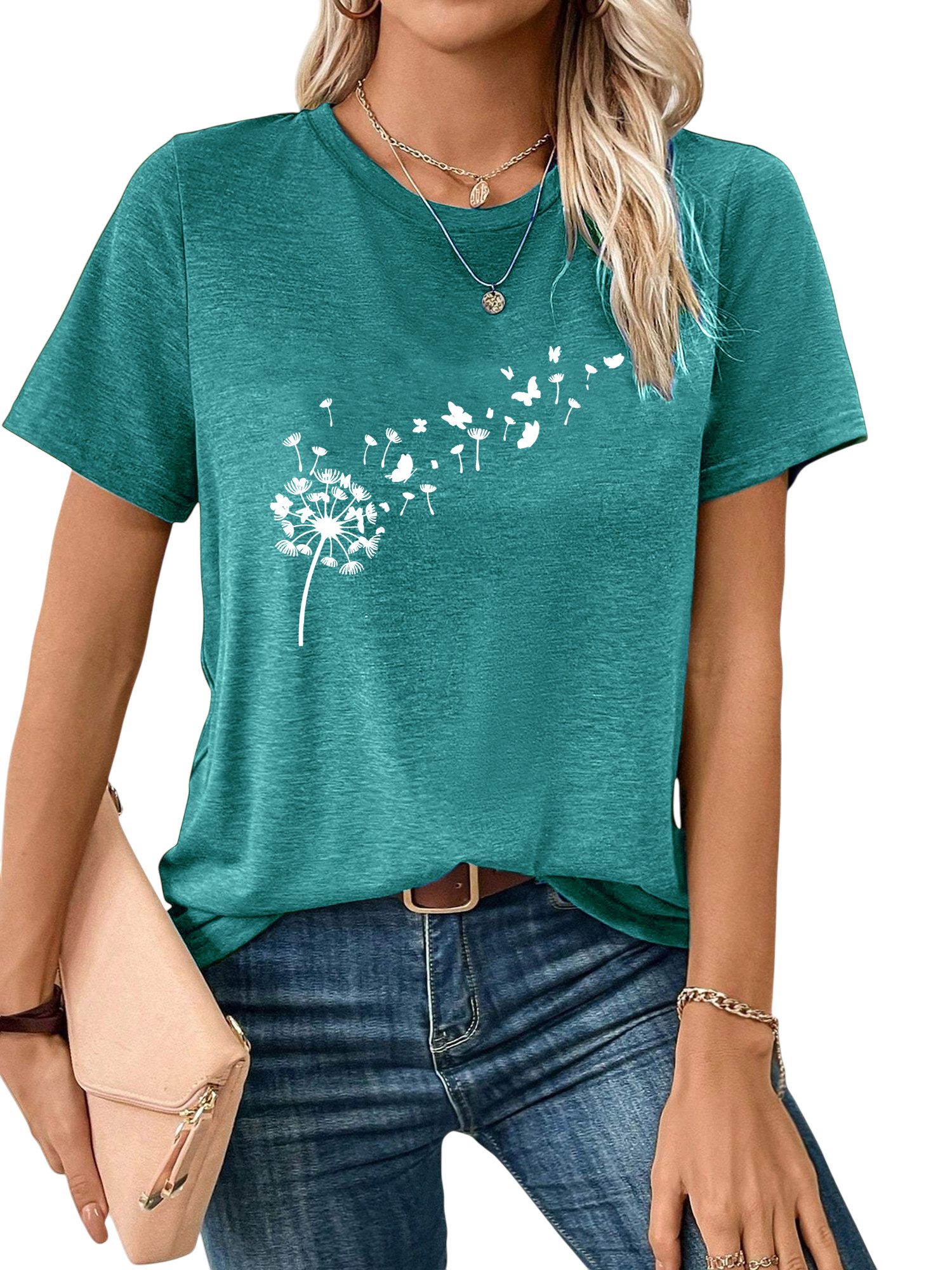 PYLIKE Rundhalsshirt Damen bequemes Frühling Kurzarmbluse Löwenzahn Print-S günstig online kaufen