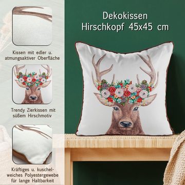 Casamia Zierkissen Sofakissen Dekokissen 45x45cm Hirschkopf Stoff creme braun