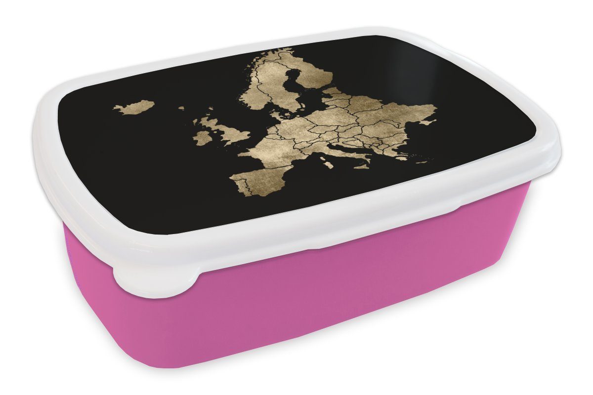 MuchoWow Lunchbox Karte - Europa - Gold, Kunststoff, (2-tlg), Brotbox für Erwachsene, Brotdose Kinder, Snackbox, Mädchen, Kunststoff rosa
