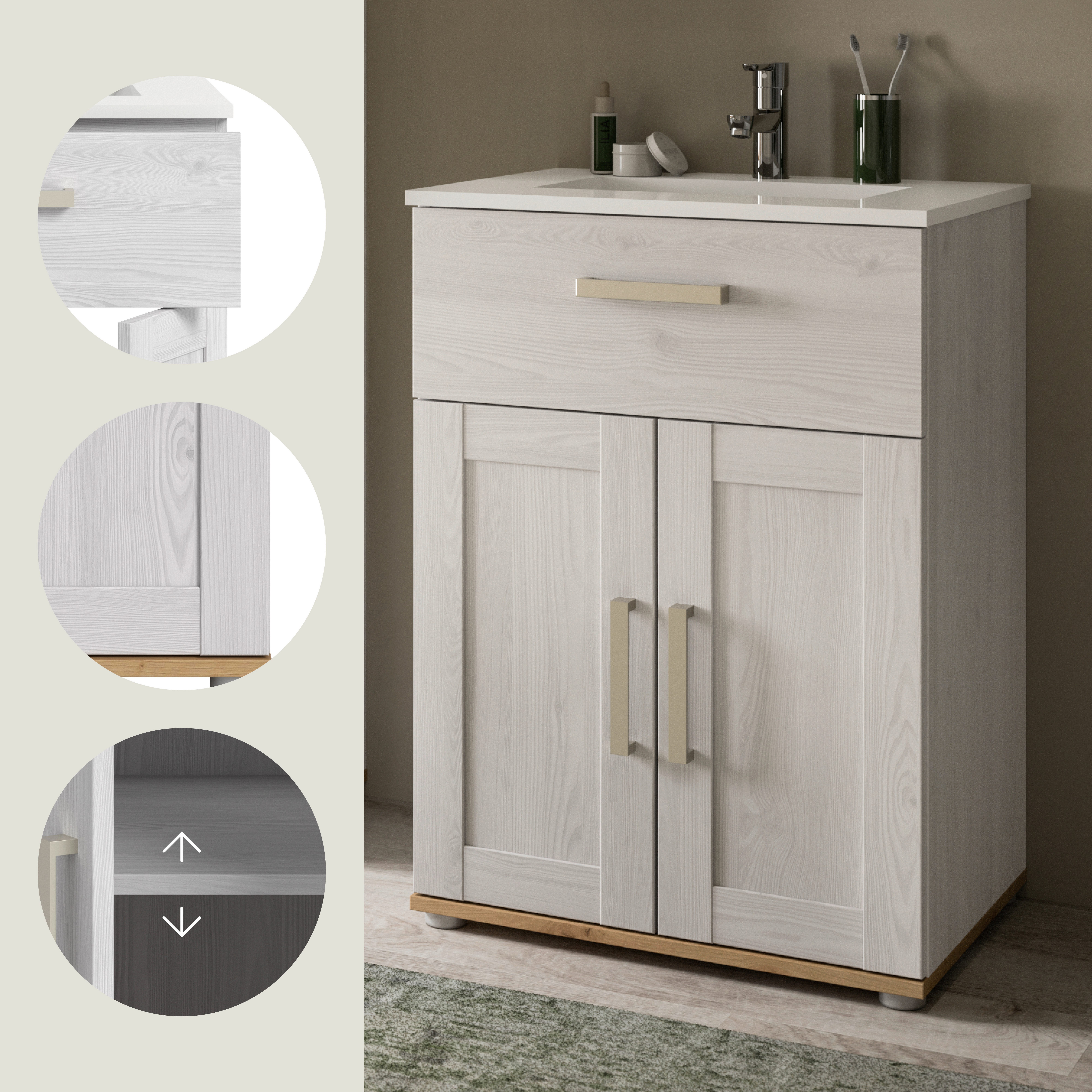 welltime Waschtisch COSENZA, inkl. Keramik-Waschbecken, 2 Türen, 1 Schubkasten (2-St., in Landhausoptik, mit weiteren Artikel der Serie kombinierbar), Waschbecken, Waschbeckenschrank, Badezimmer, Bad, Waschtisch, Kommode