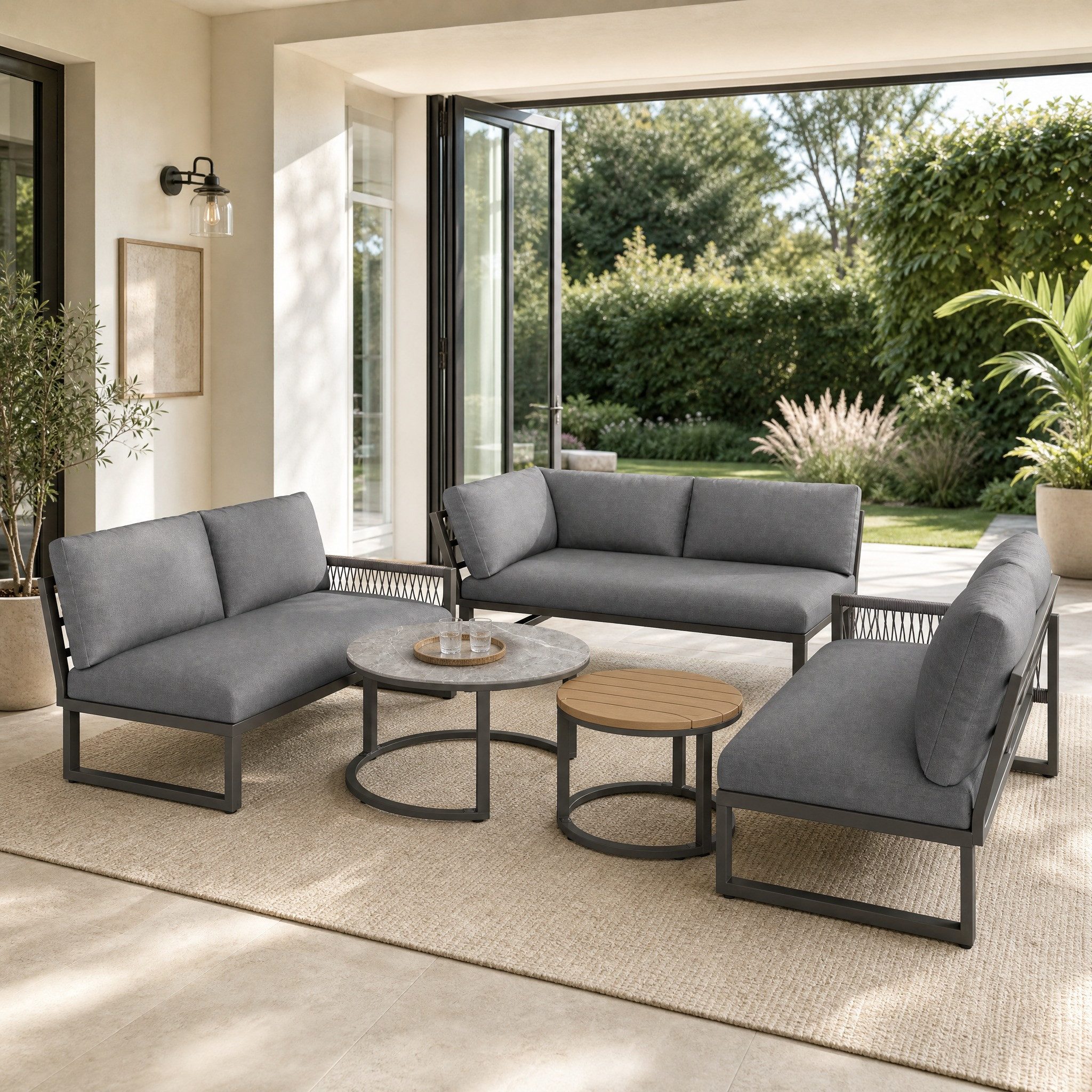 REDOM Gartenlounge-Set Modernes Gartenmöbelset,mit verzinktem Eisengestell, (für 6-7 Personen, wetterfestes Ecksofa mit 2 Tischen, ergonomische Sitzkissen, verzinktes Eisengestell., 5-tlg), mit Relaxfunktion