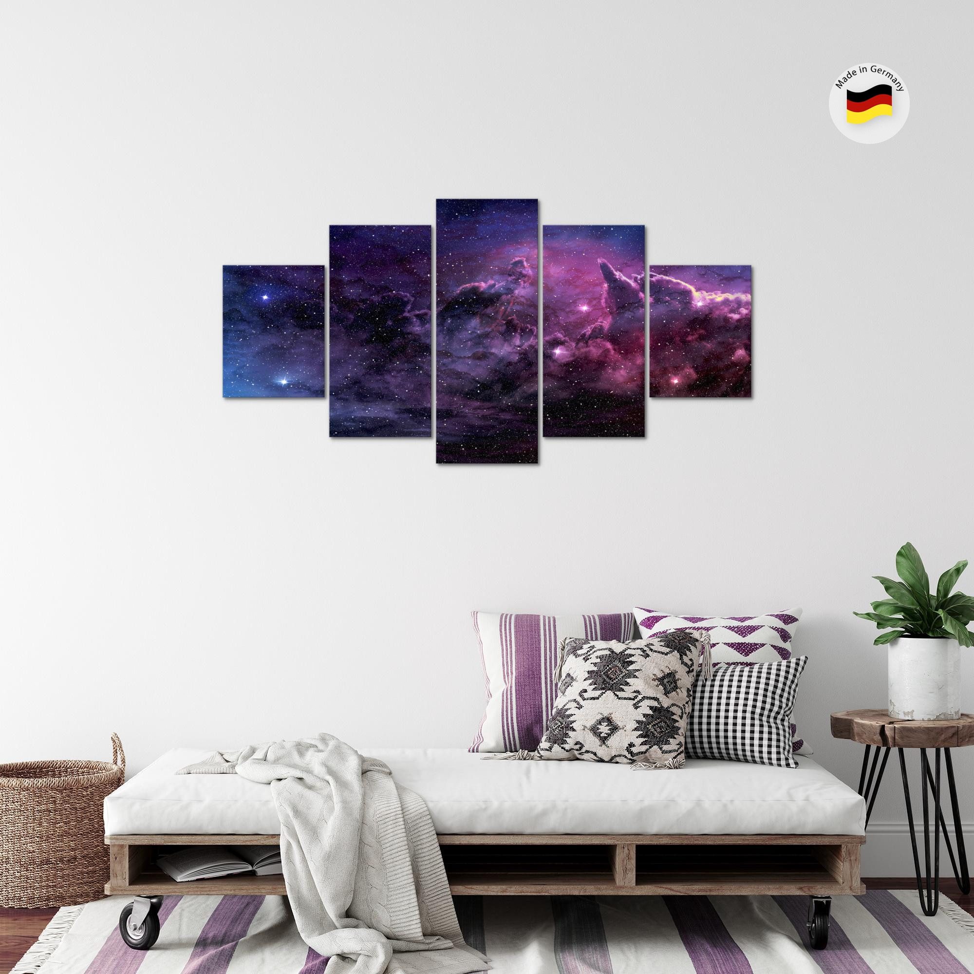 Runa Art Wandbild Bild Galaxie Sterne Galaxy Lila Violett auf Vlies Leinwand 612453a, 150L x 75B cm