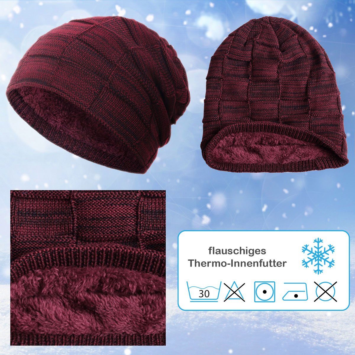 Winter Haube Strickmütze Herbst (1-St) Damen meliert Herren Gefütterte weinrot compagno Beanie Wintermütze Mütze