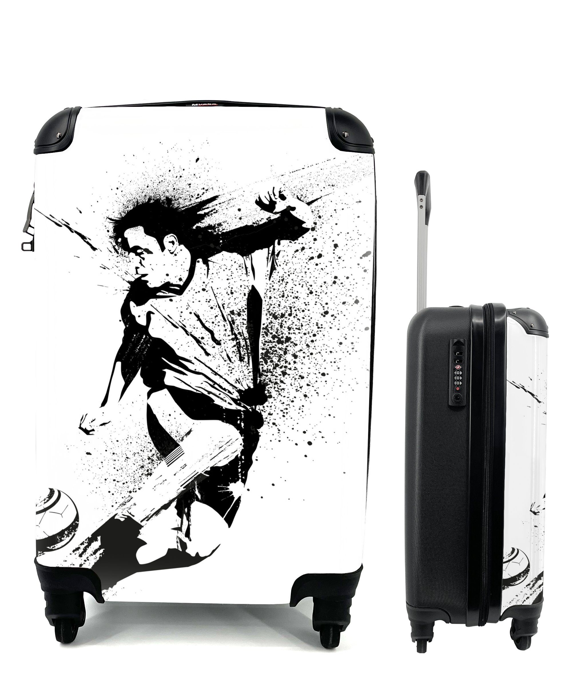 MuchoWow Handgepäckkoffer Eine in Person, Fußball rollen, Richtung für Ferien, einer Reisekoffer Reisetasche Handgepäck mit einen Trolley, 4 Illustration Rollen, die Tor