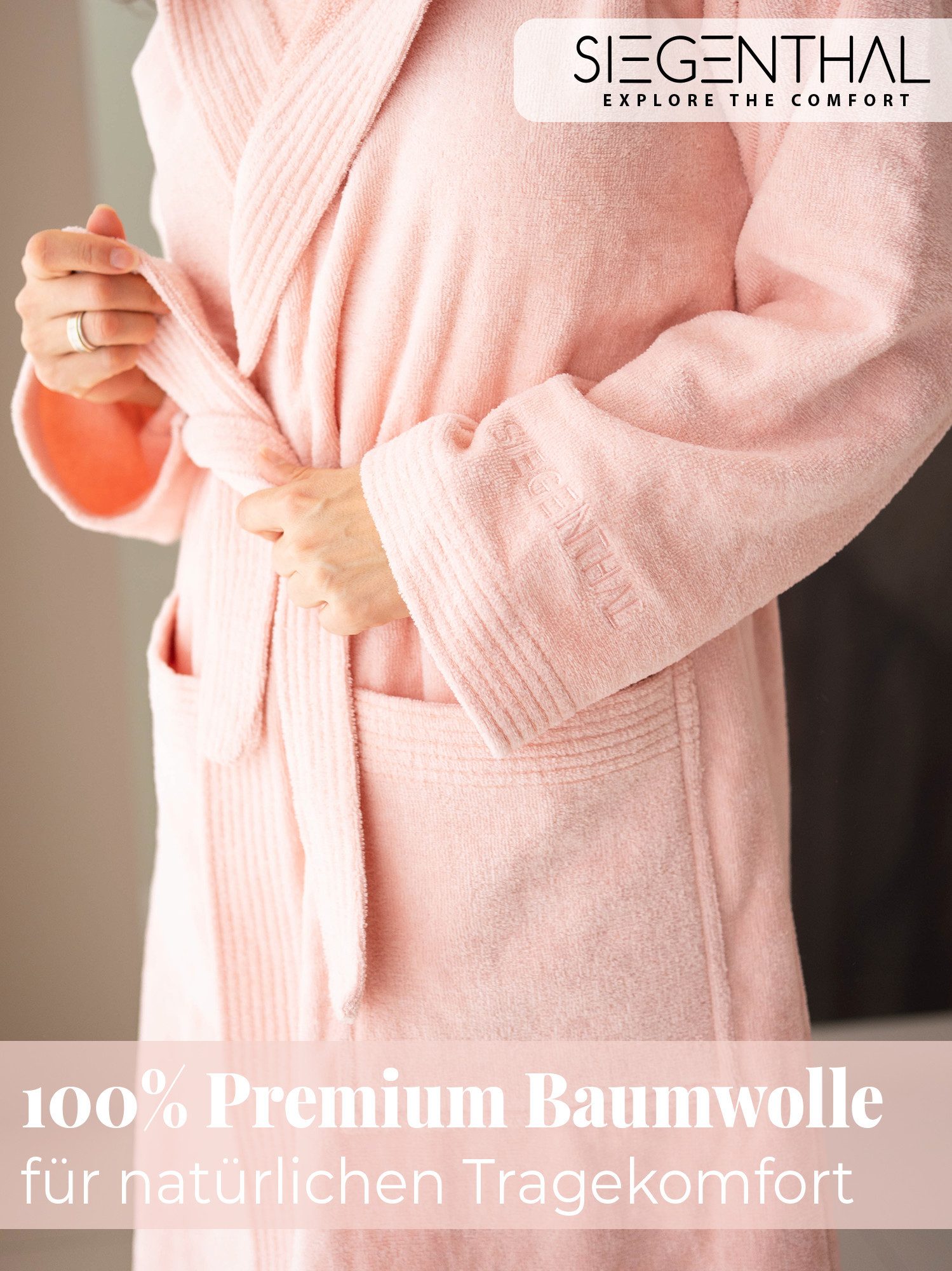 SIEGENTHAL Damenbademantel SIEGENTHAL® Damen Bademantel Frottee Velour Kapuze Weich Wellness Spa, Kapuze, Bindegürtel