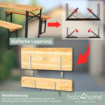 holz4home Bierzeltgarnitur 3-teilig aus Holz, 2 Bänke, 1 Tisch