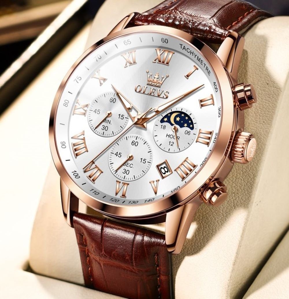 Tidy Quarzuhr Herrenuhr Chronograph mit Tag & Nacht Anzeige – Braunleder-Ar günstig online kaufen