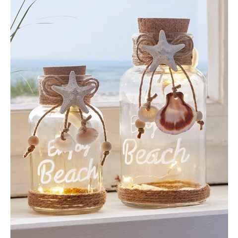 Dekoleidenschaft LED Windlicht "Beach", Windlicht-Glas mit Leuchtdraht, 12 & 16 cm hoch, LED-Glas, 2 Stück im Set maritime Leuchtdeko, Laterne batterie-betrieben