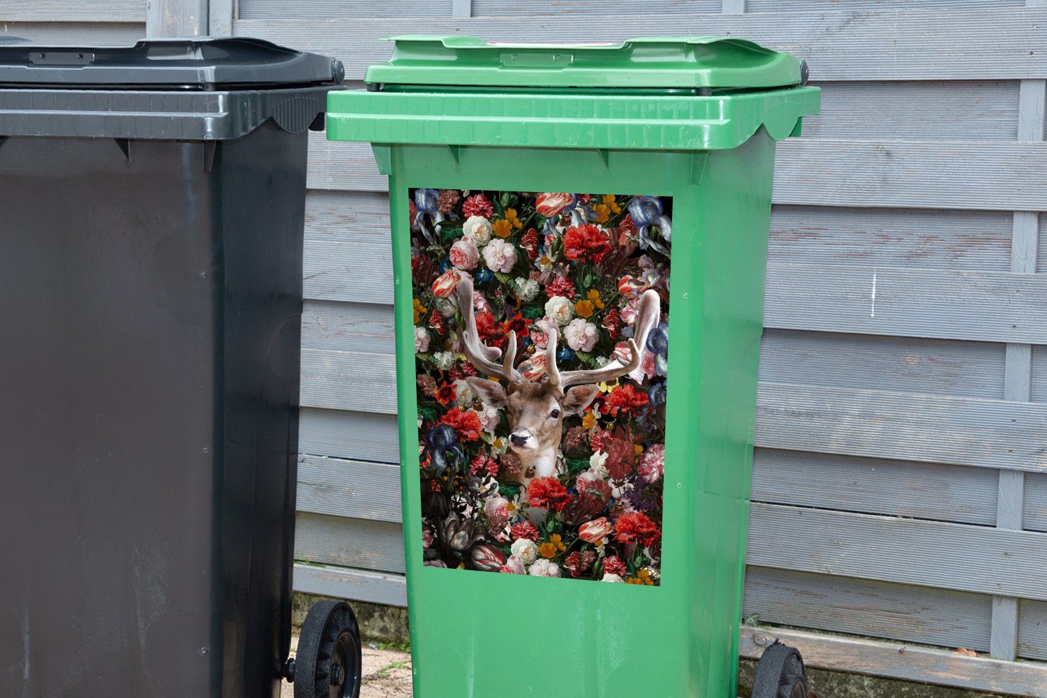 MuchoWow Wandsticker Hirsche - Abfalbehälter - Mülltonne, Sticker, (1 Blumen Geweihe Container, Mülleimer-aufkleber, St)