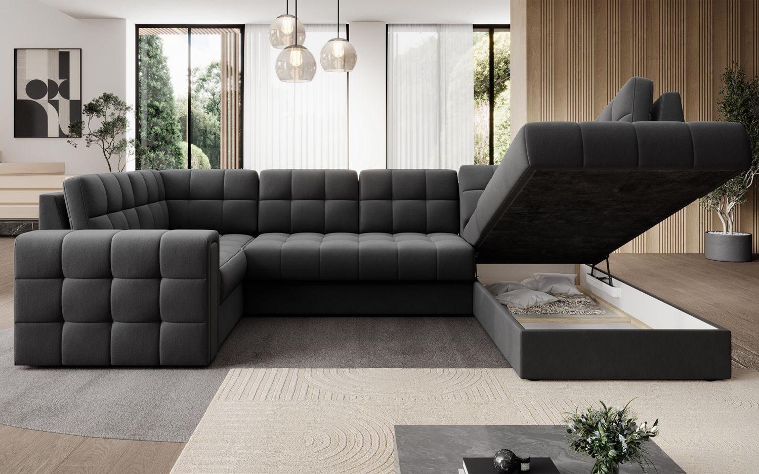 Lukas Möbel Wohnlandschaft Wohnlandschaft Belvis Ecksofa in U-Form, mit Bettfunktion, Bettkasten, Rückseite bezogen
